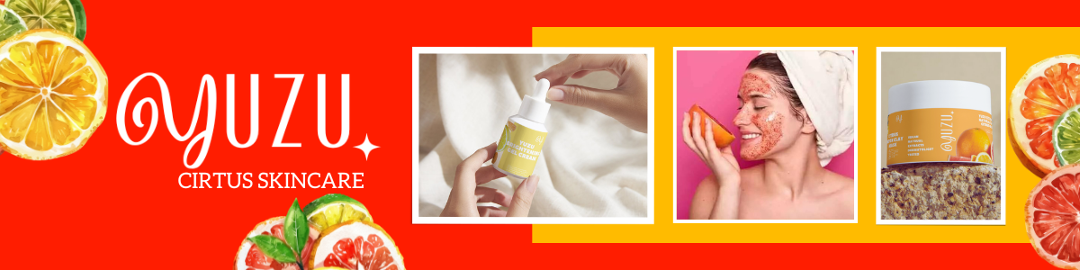 Citrus skincare banner advertisement design showcasing oranges, product jars, skincare application visuals, and a model wearing a facial mask as part of a beauty marketing campaign.