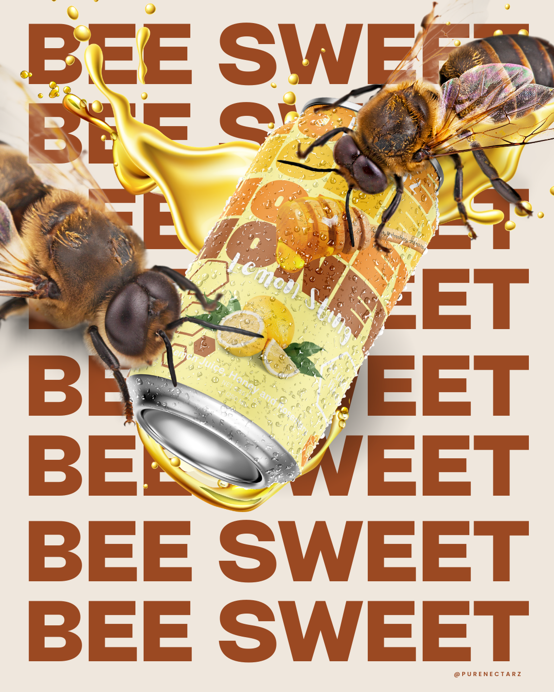 Two bees on a honey soda can with a splash of honey and droplets of water, with repeated brown text saying "BEE SWEET" in the background.