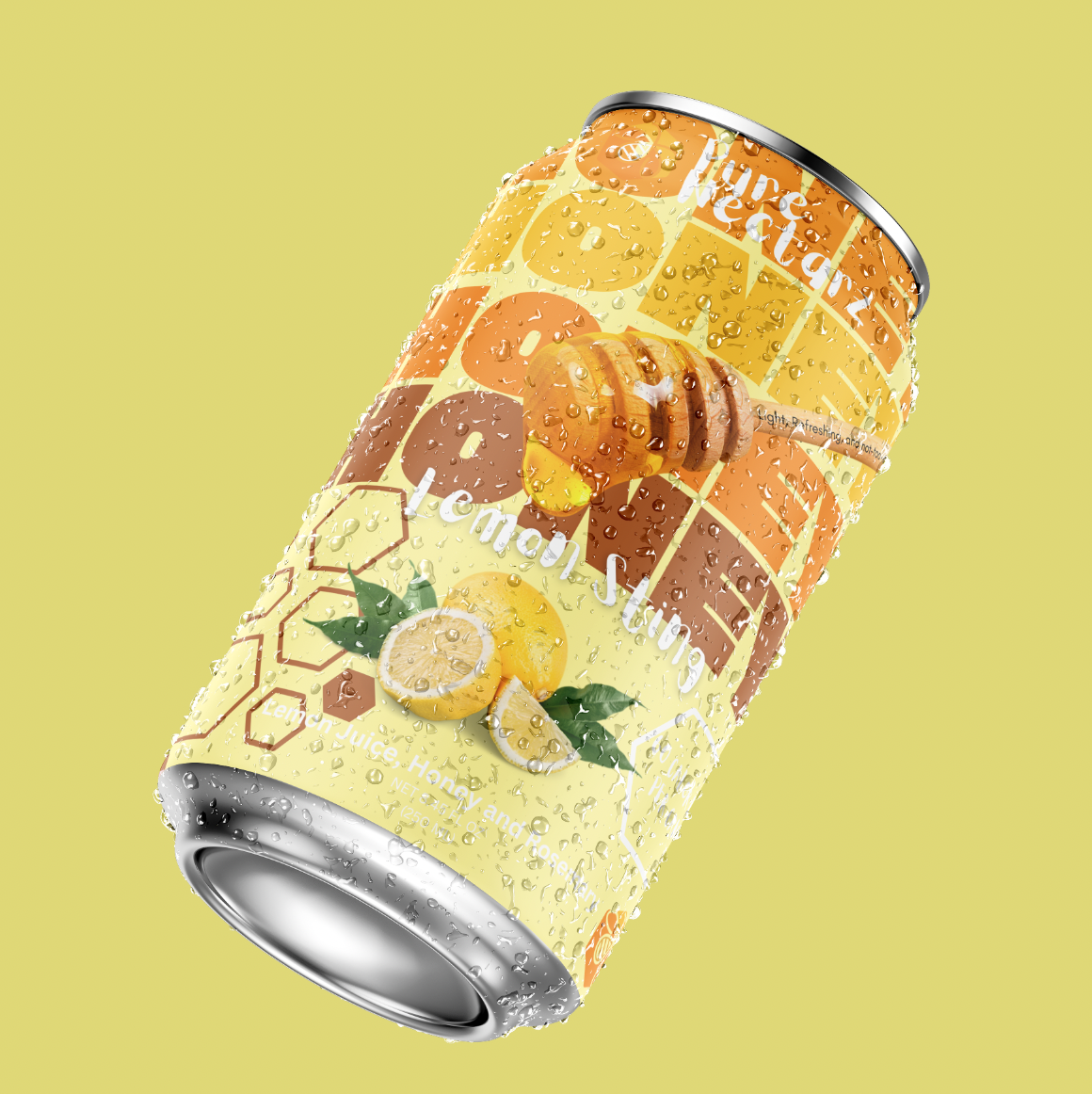 Lemon citrus beverage can with water droplets and fruit illustrations on the label, displayed against a bright yellow background for product marketing visuals.