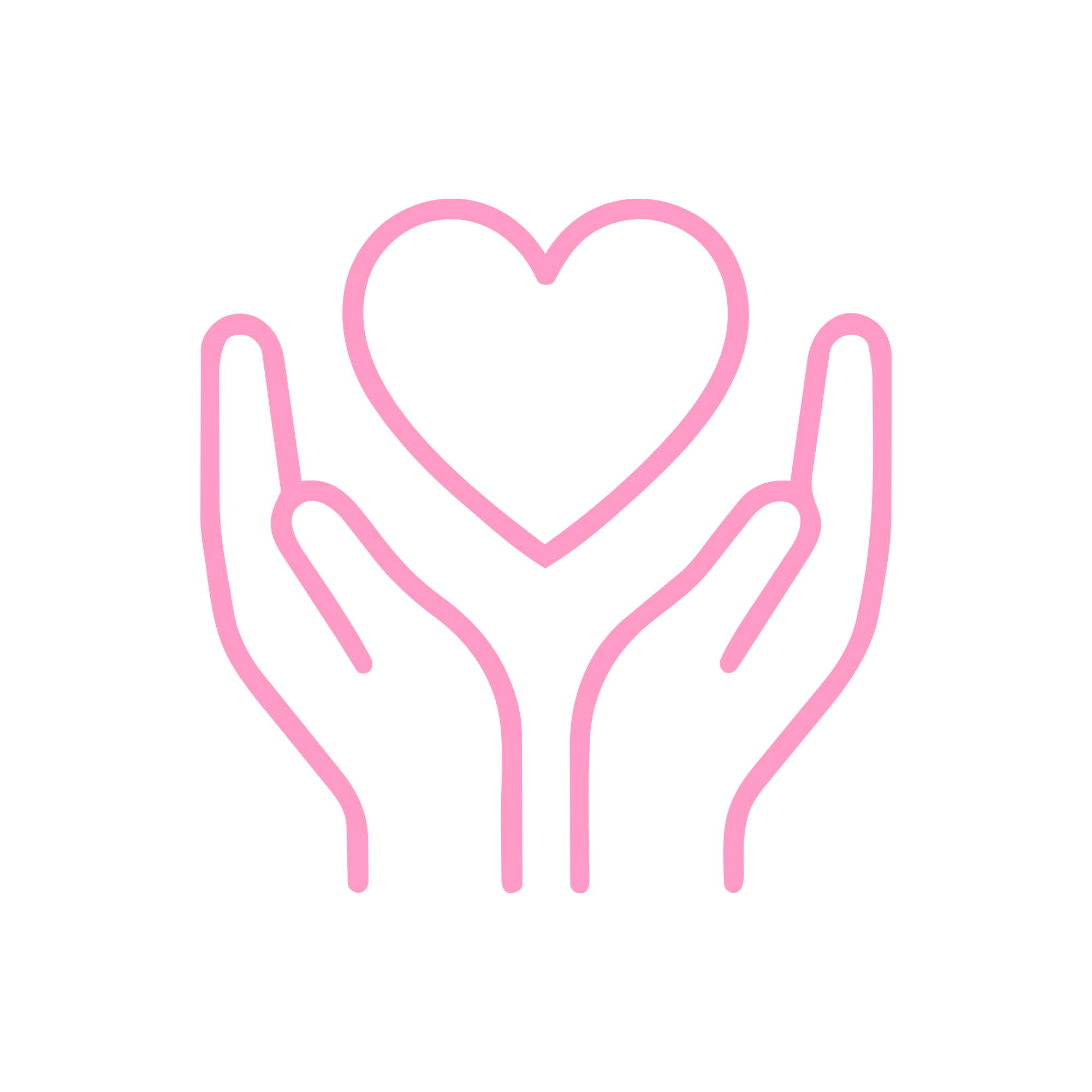 A neon pink line drawing of hands holding a heart.