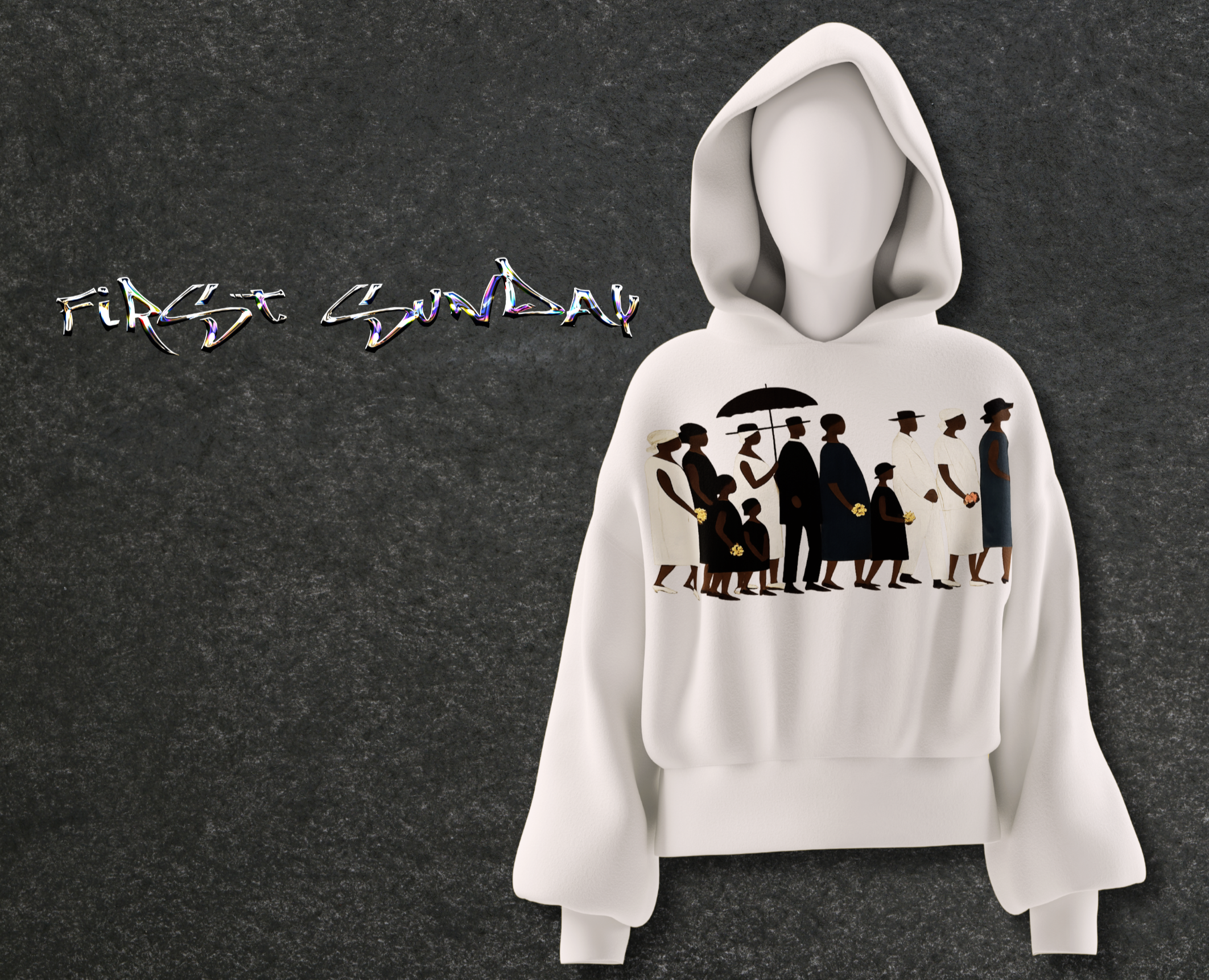 A white hoodie with a graphic design of diverse people holding umbrellas.