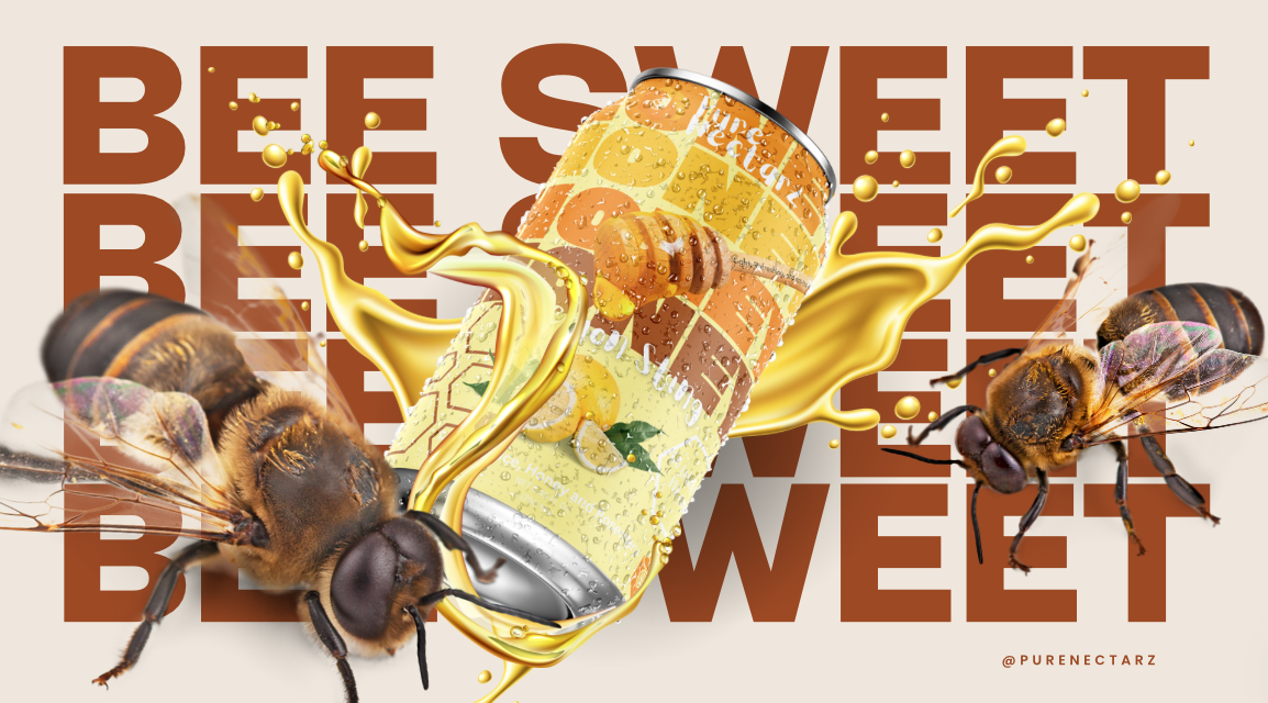 A can of honey-flavored beverage surrounded by three honey bees and splashes of honey, with the text 'Bee Sweet' and 'Bee' repeatedly in the background.