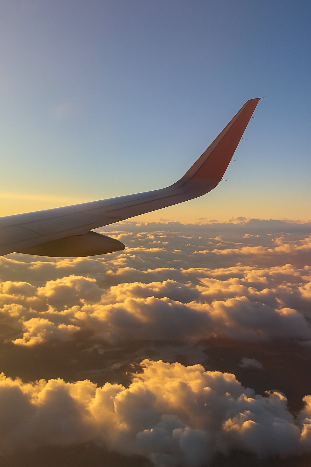View from an airplane window showing a wing above clouds at sunrise or sunset during travel.