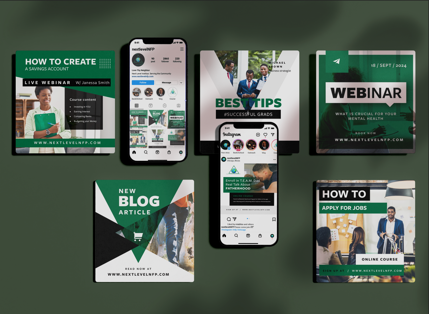 Collection of professional social media and webinar promotional graphics with green and black branding, featuring business professionals and presentation visuals.