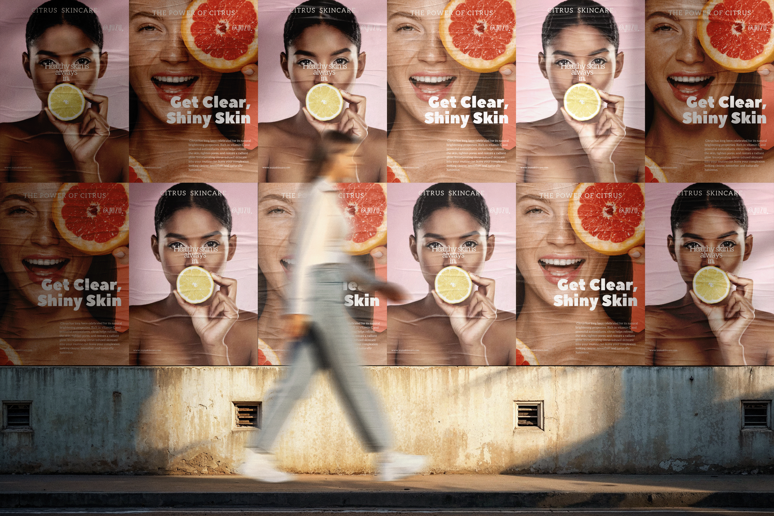 Outdoor skincare advertisement featuring citrus imagery and glowing skin messaging.