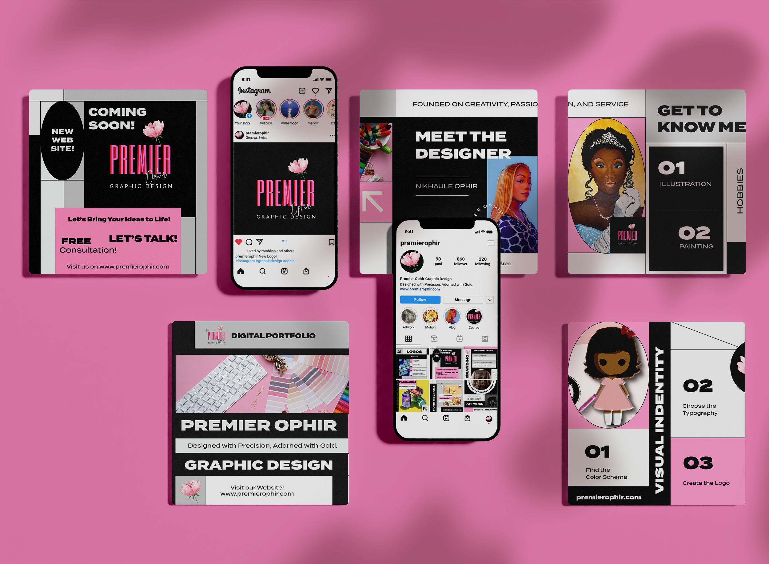 Collection of branding and social media graphics for Premier Ophir design business featuring website previews, brand elements, and typography.