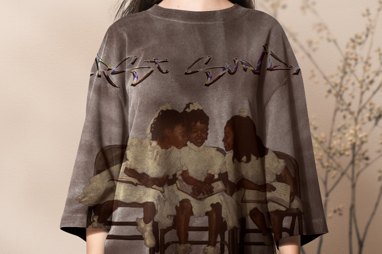 Graphic streetwear sweatshirt design featuring illustrated children sitting on chairs with the phrase “First Sunday,” representing a faith-inspired apparel concept.
