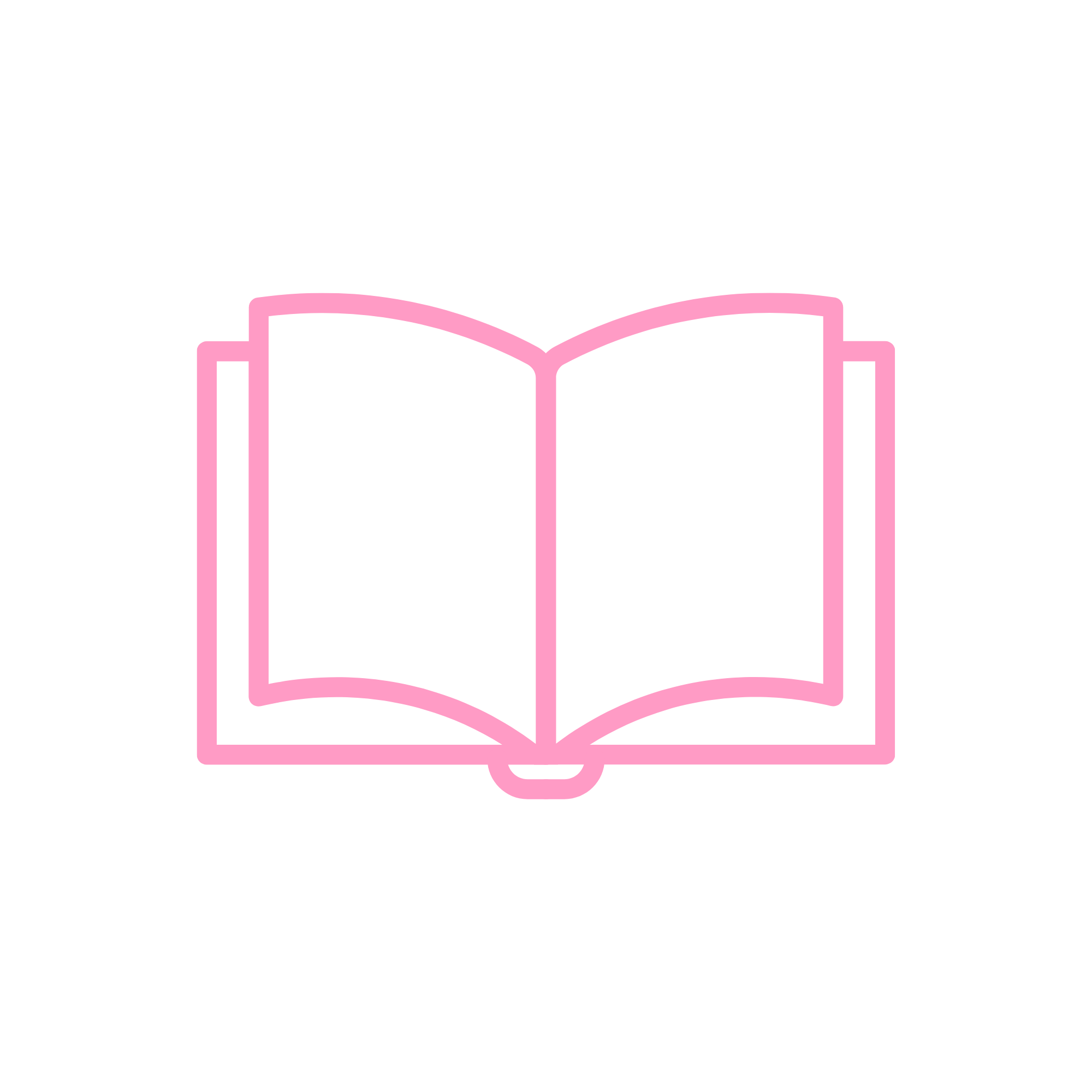 Stylized pink outline of an open book on a black background.