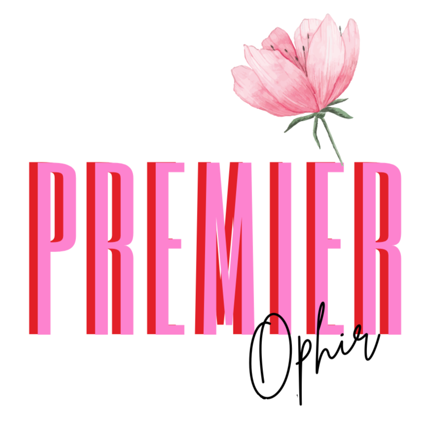 Pink flower graphic logo with the word “Premier” in bold lettering and a city skyline silhouette, representing a branded identity concept.