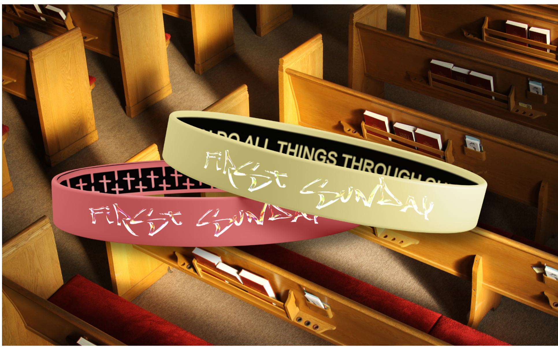 Church pew scene featuring two life jackets labeled “First Sunday” and “All Things Through Christ,” styled with hymn books to represent a faith-based concept design.