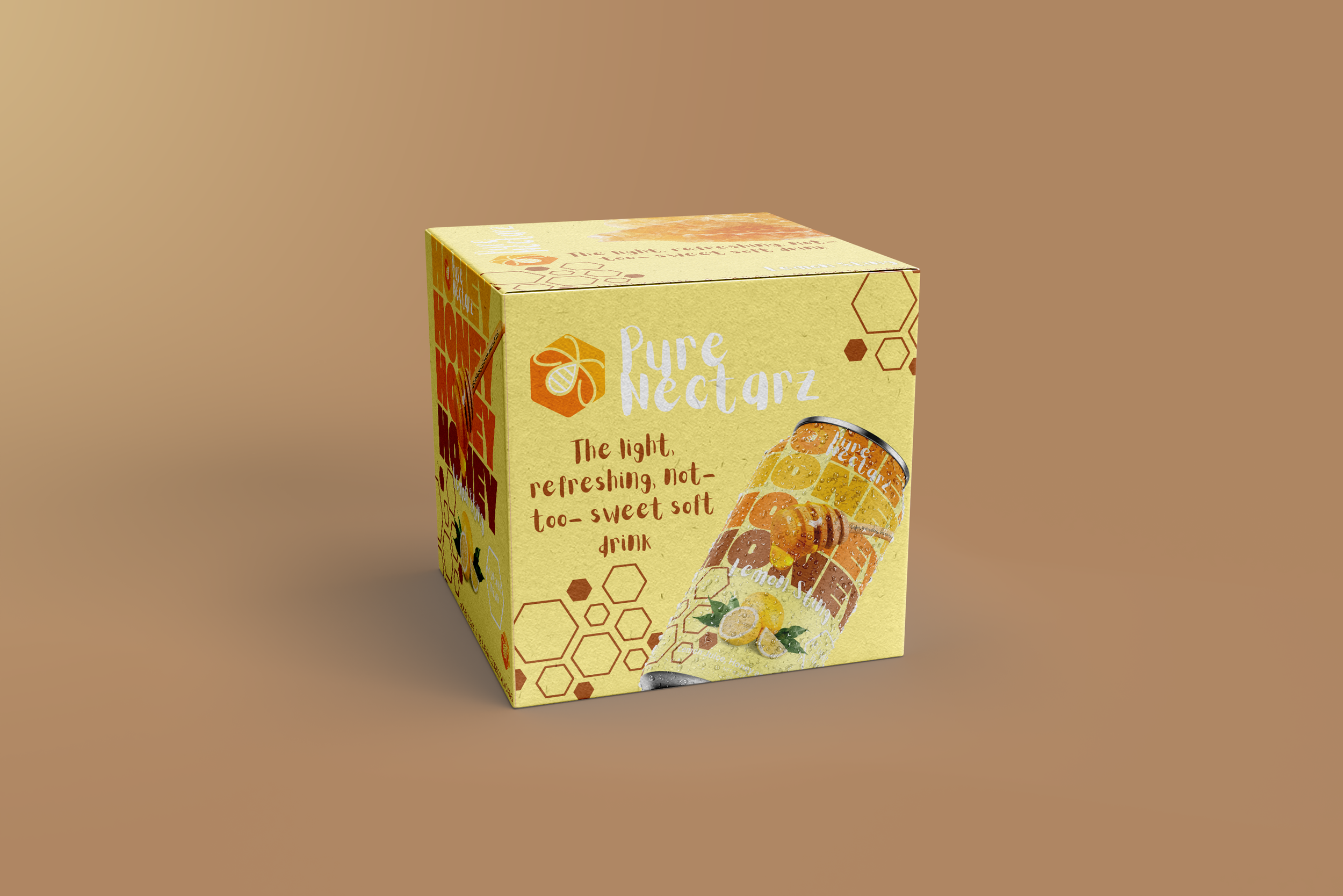 Pure Nectarz lemonade packaging box design with lemon illustrations and honeycomb graphics emphasizing a light, refreshing citrus drink brand identity.
