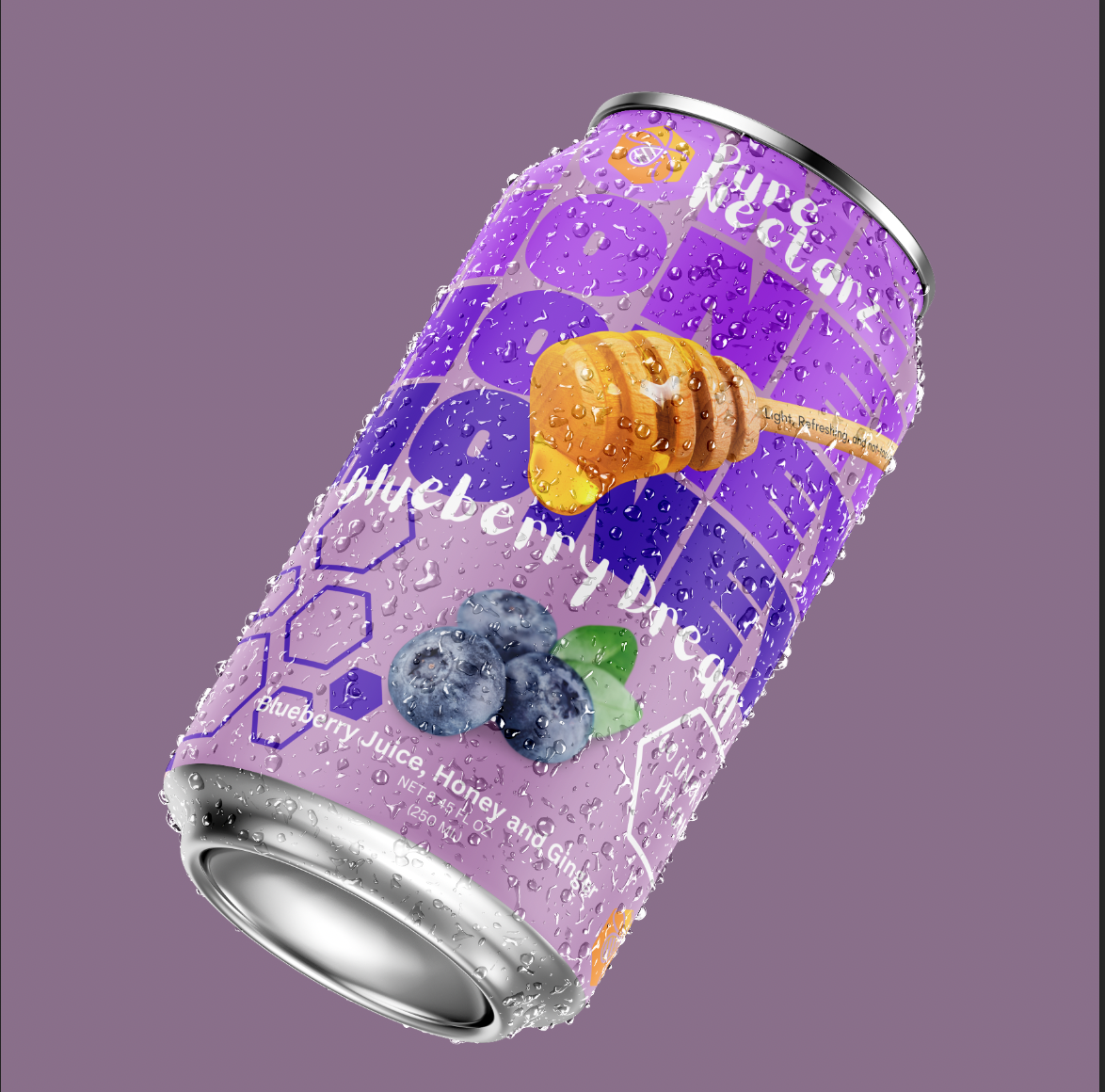 Blueberry flavored canned beverage design with condensation droplets, purple packaging label, and illustrated blueberries with honey and ginger accents.