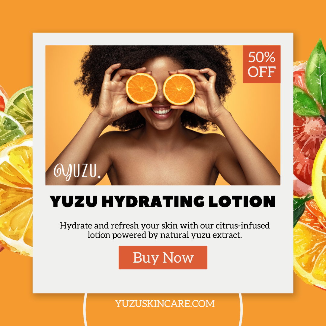 Promotional skincare advertisement featuring a woman with curly hair holding orange slices over her eyes, highlighting a citrus hydration lotion campaign with a 50% promotion badge.