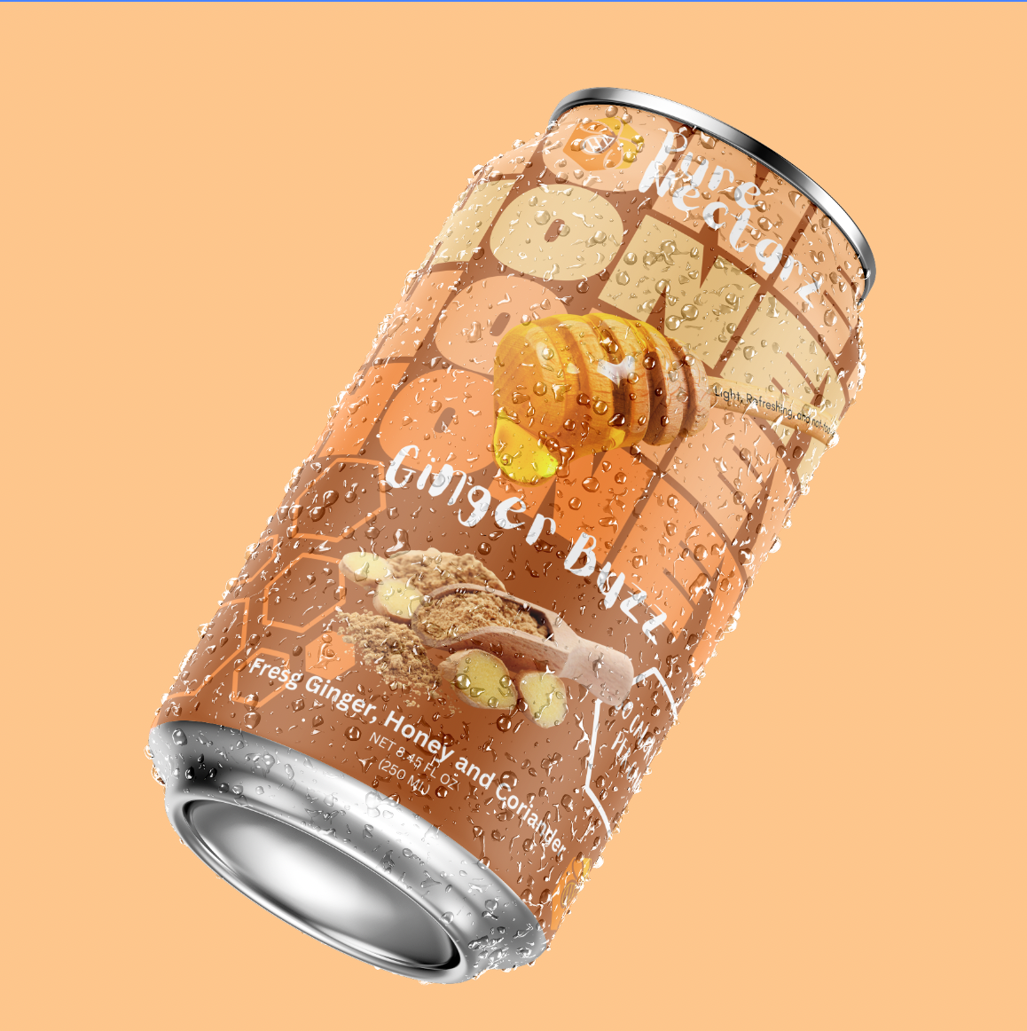 Ginger beer beverage can mockup featuring condensation droplets and packaging design with illustrated ginger root and honey elements.