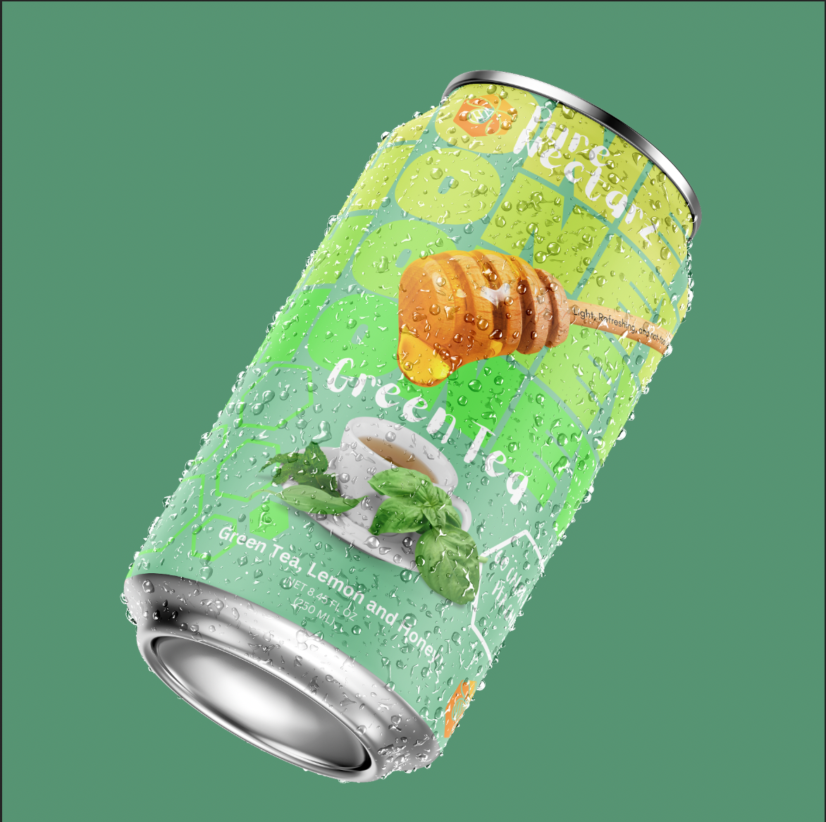 Product photography mockup of a green tea, lemon, and honey flavored sparkling beverage can with condensation droplets, highlighting natural ingredient branding.
