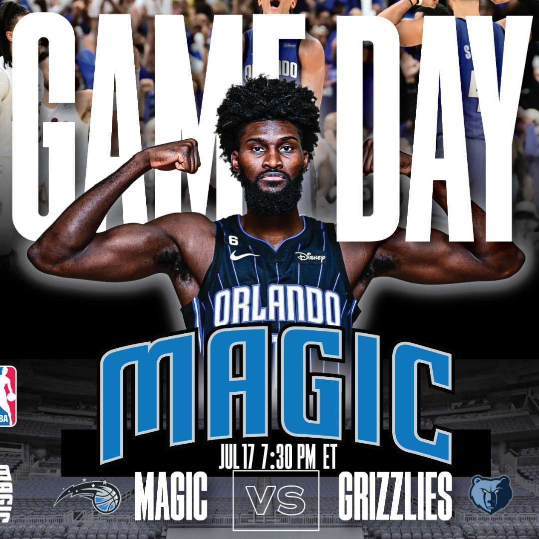 A basketball player in Orlando Magic uniform flexing his muscles with a crowd in the background. Text overlay reads 'I AM DAY,' promoting a game between Magic and Grizzlies scheduled for July 17 at 7:30 PM Eastern.