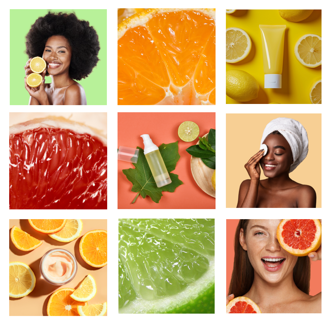Beauty brand campaign collage featuring citrus fruits and skincare product visuals.