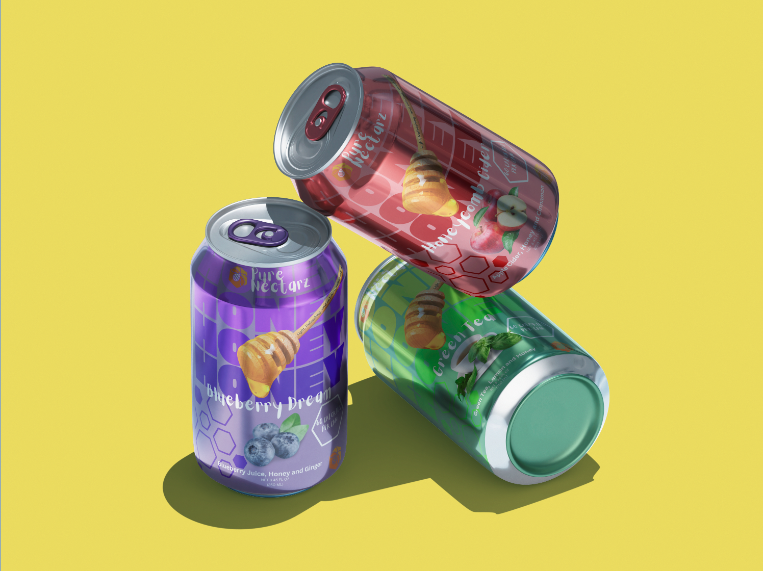 Creative product photography showing three Pure Nectarz beverage cans in Blueberry Dream, Honey Apple, and Green Tea flavors arranged against a bright yellow background.