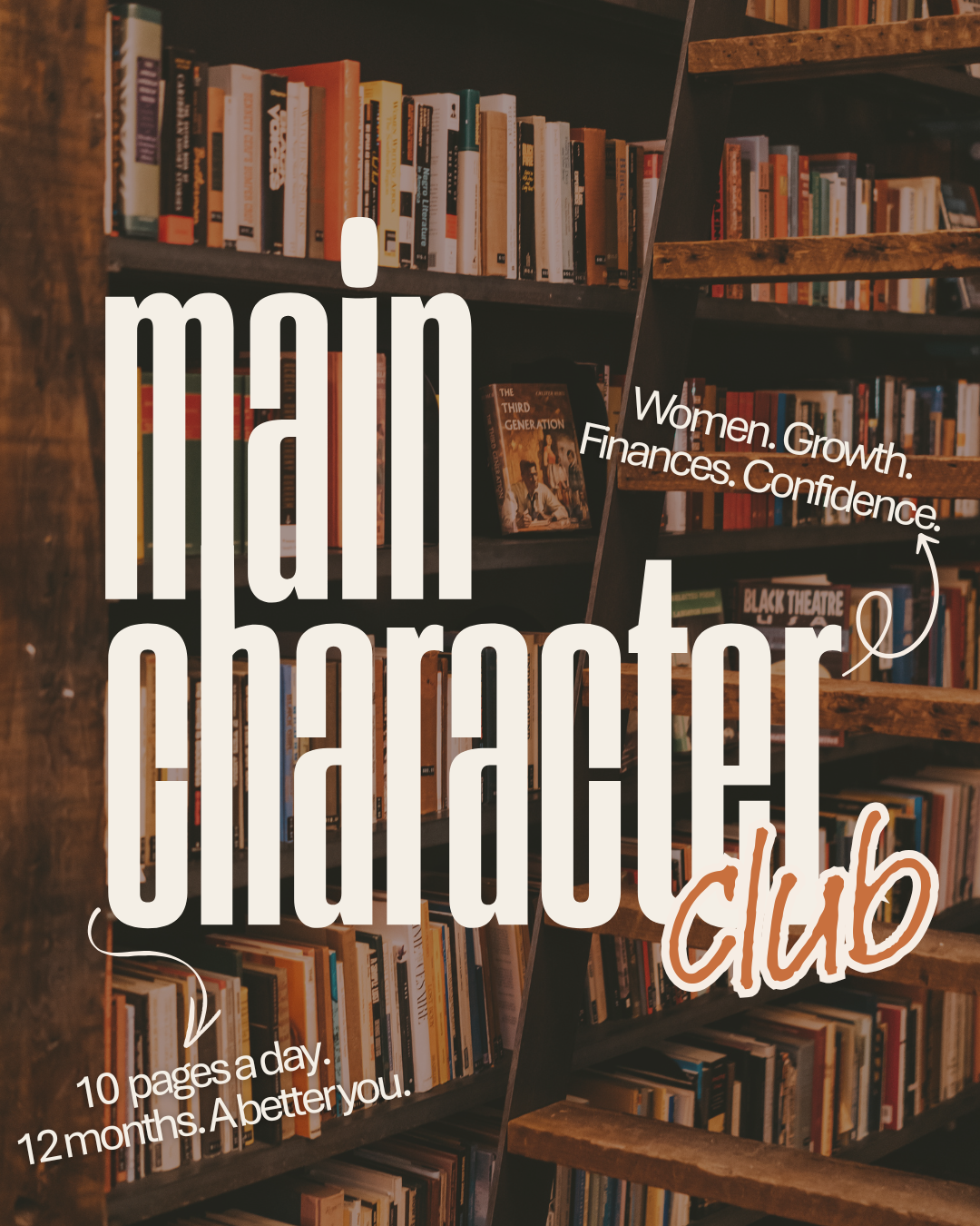 Bookshelf graphic promoting a reading and self-growth challenge focused on women’s confidence, finances, and personal development.