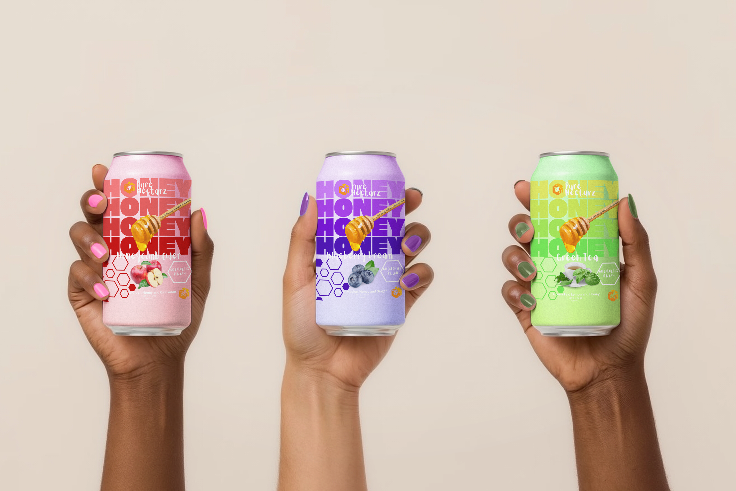 Product lifestyle image showing three hands holding flavored iced tea cans in peach, blueberry, and green tea varieties with honey-inspired packaging graphics.