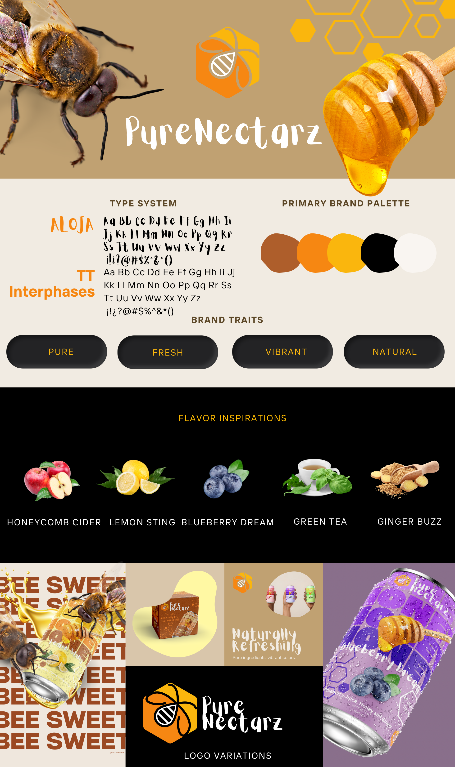 A honeybee close-up with pollen on its eyes and body, a honey dipper with drizzling honey, a logo with honeycomb and bee imagery, and a branding palette with earth tones, along with product images of honey drinks and flavor options like honeycomb cider, lemon sting, blueberry dream, green tea, and ginger buzz.