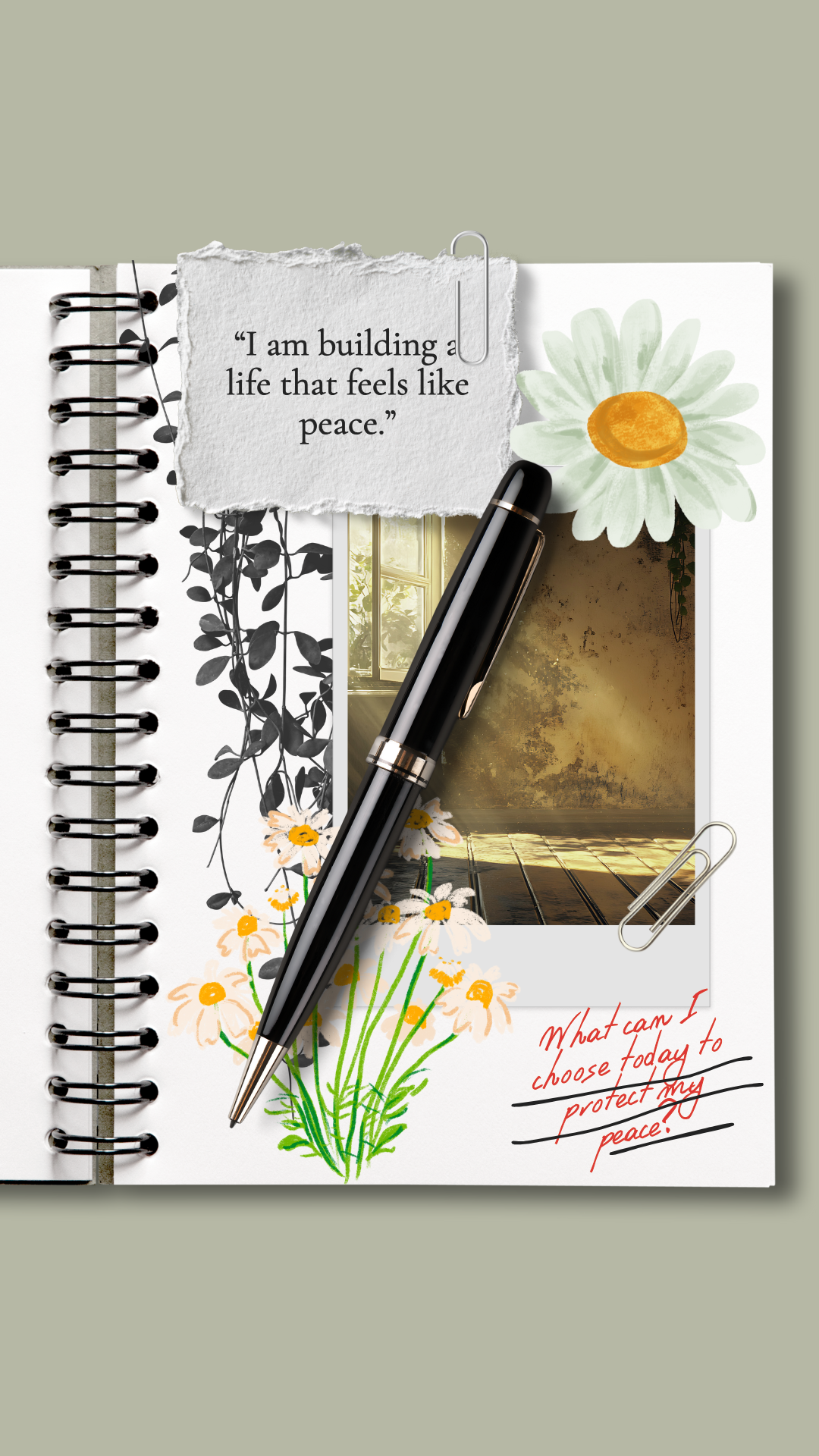 Open notebook with handwritten note and drawings, a black pen, dried and pressed flowers, a small photo clipped with paper clips, and a paper daisy. The note reads, 'What can I choose today to protect my peace?'