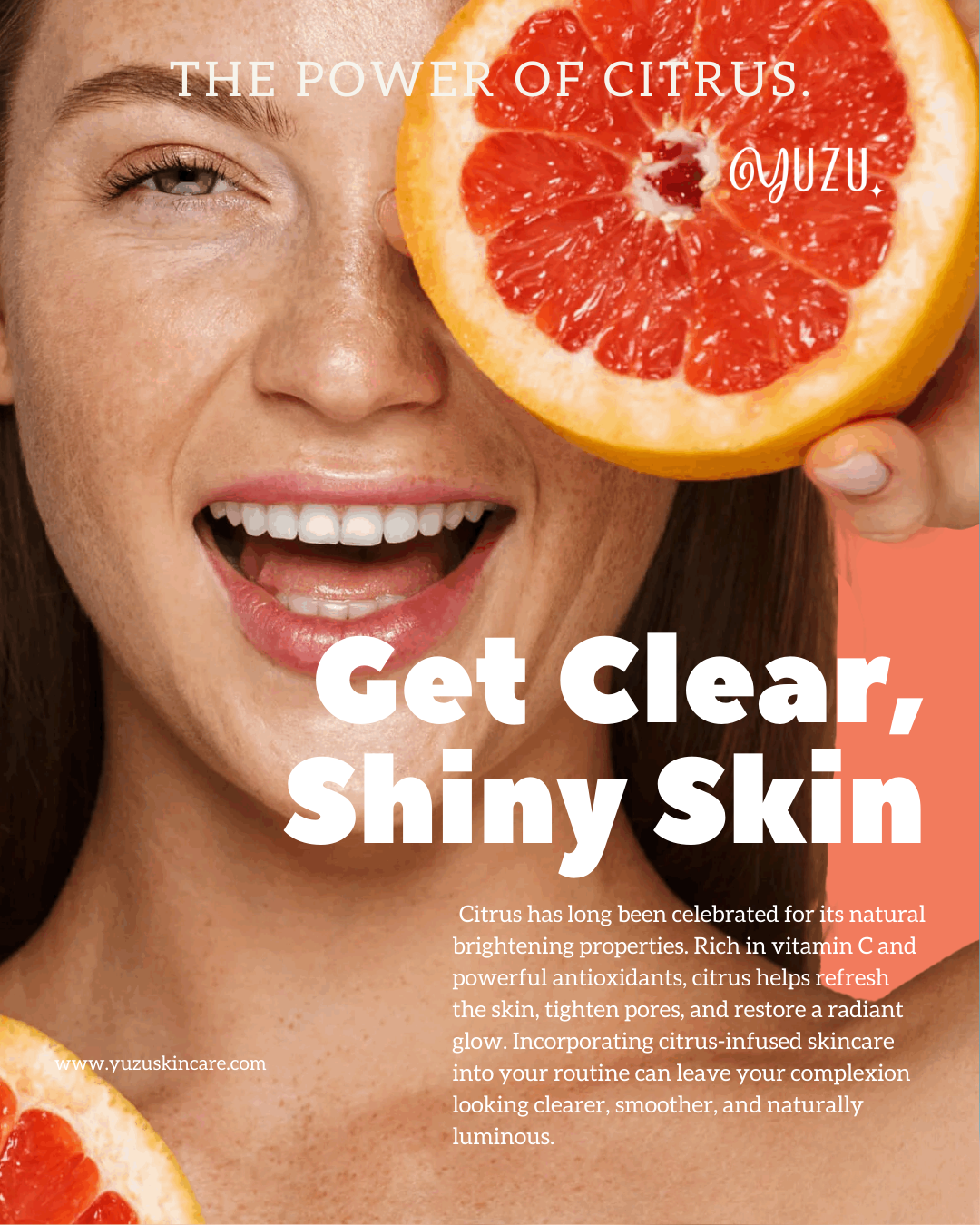 Beauty marketing image featuring a model holding a grapefruit to represent citrus skincare ingredients.
