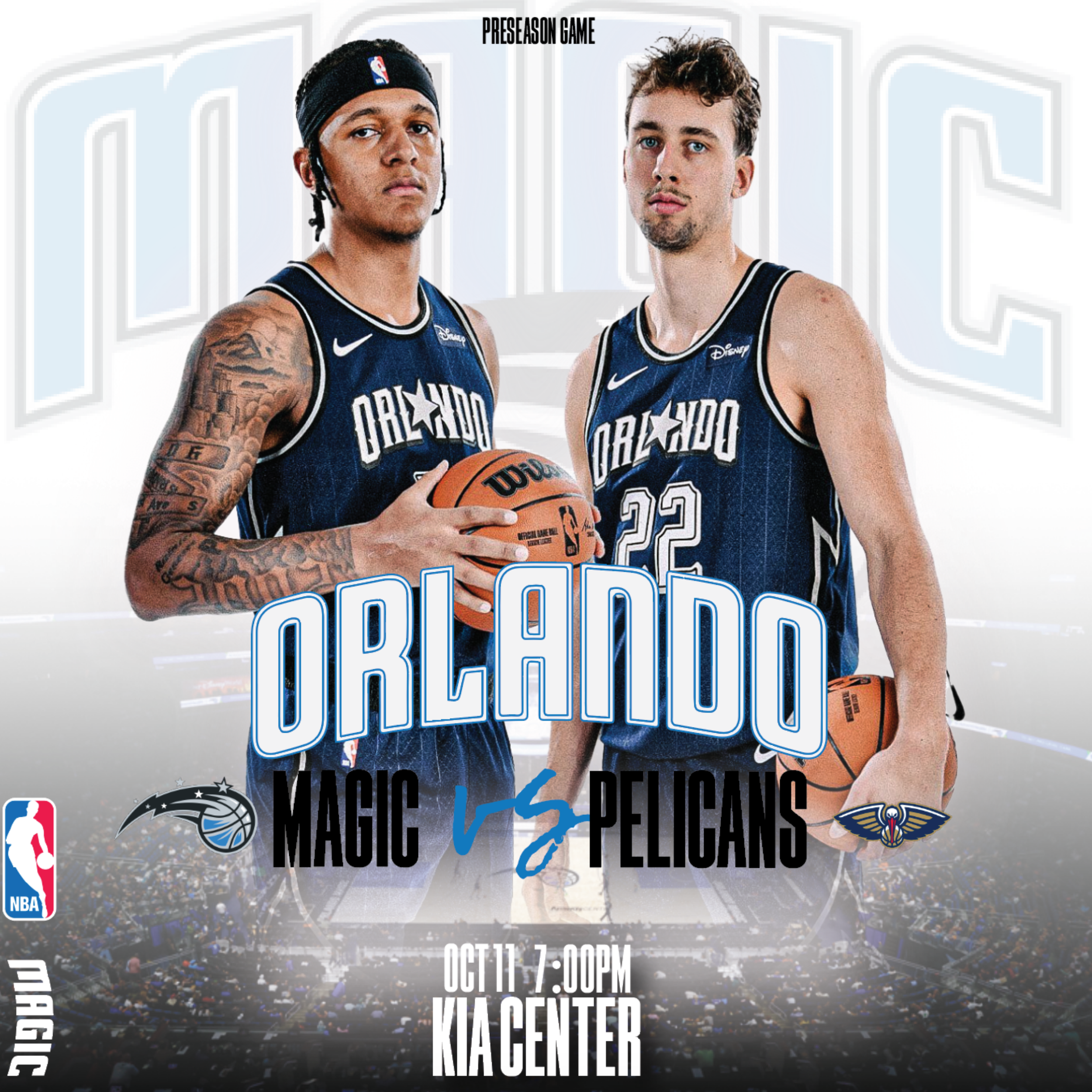 NBA preseason promotional poster design featuring Orlando Magic players in arena uniforms holding basketballs with event information for the Kia Center.