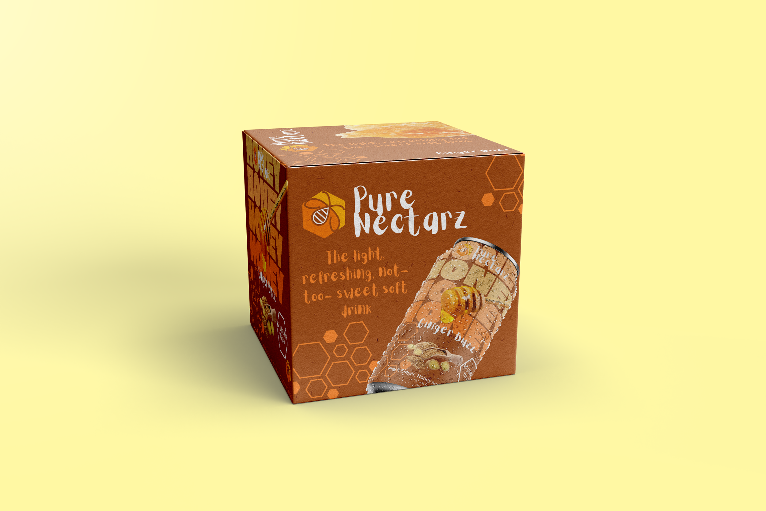 Packaging design for Pure Nectarz ginger drink featuring brand tagline “The light, refreshing, not-too-sweet soft drink.”