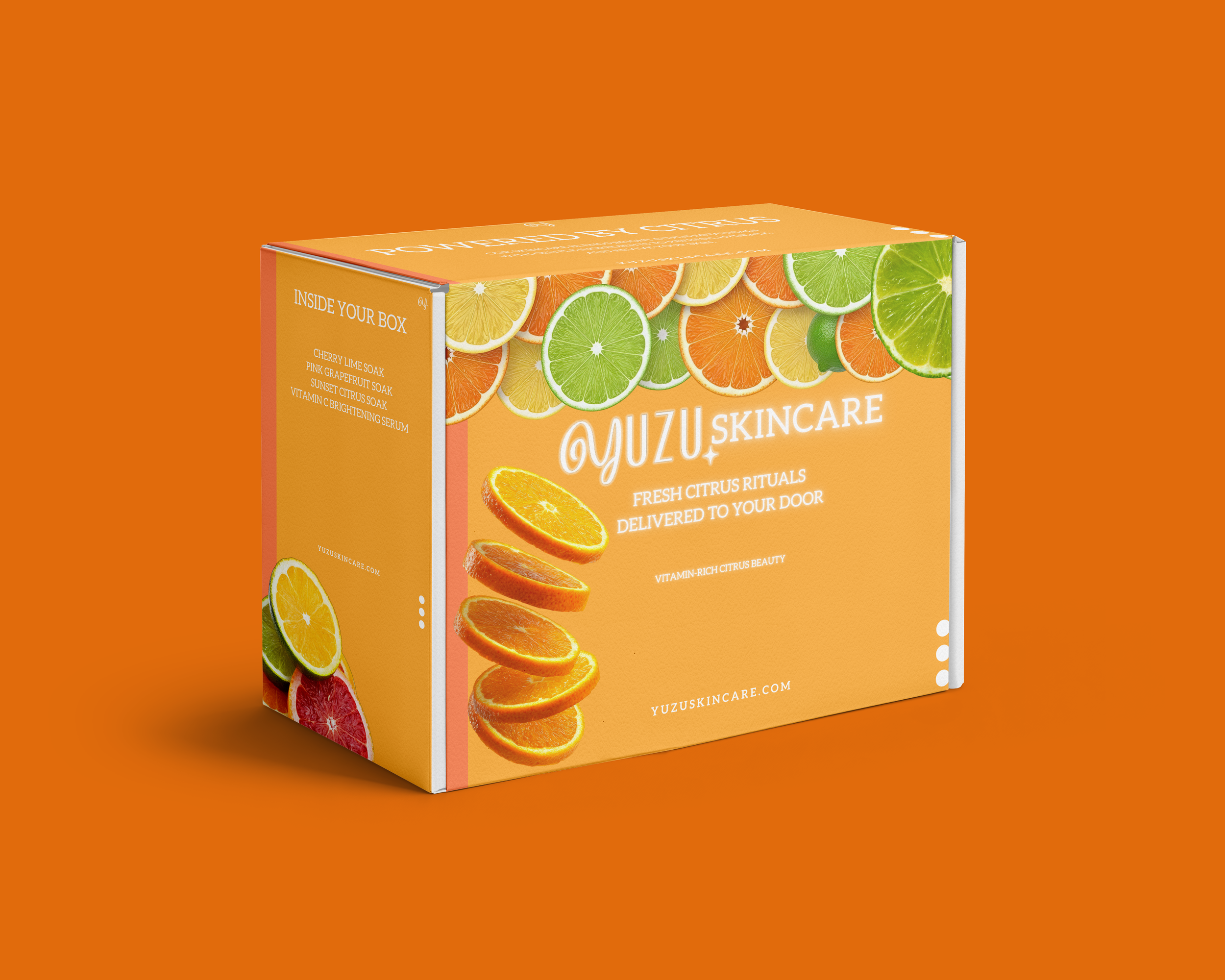 Yuzu Skincare packaging design featuring citrus fruit illustrations on a vibrant orange background.