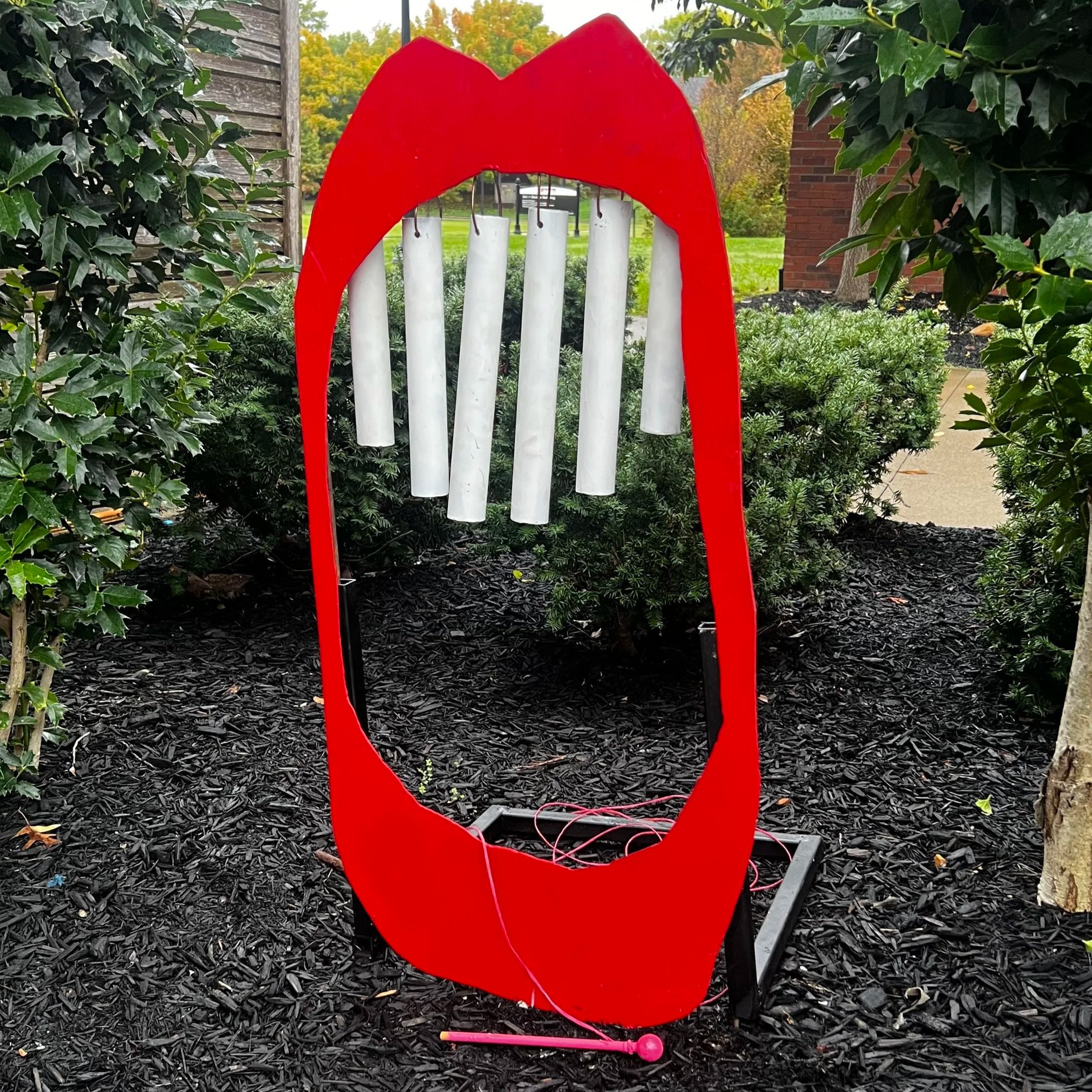 2025, Teeth Chimes. Sheet steel, steel pipes, stock, MIG welding, brazing, spray paint, mallet.