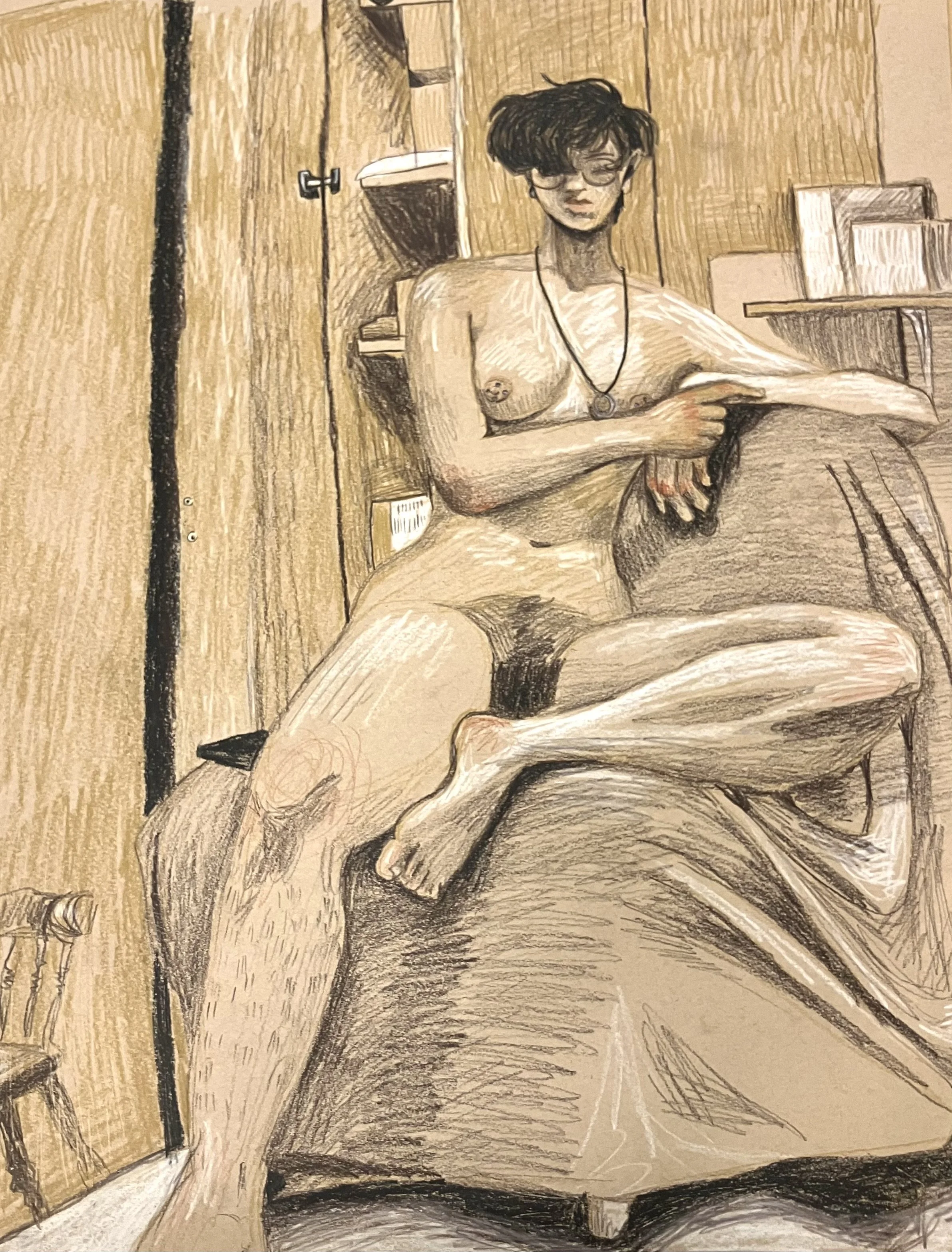 2025, conte crayon, live model