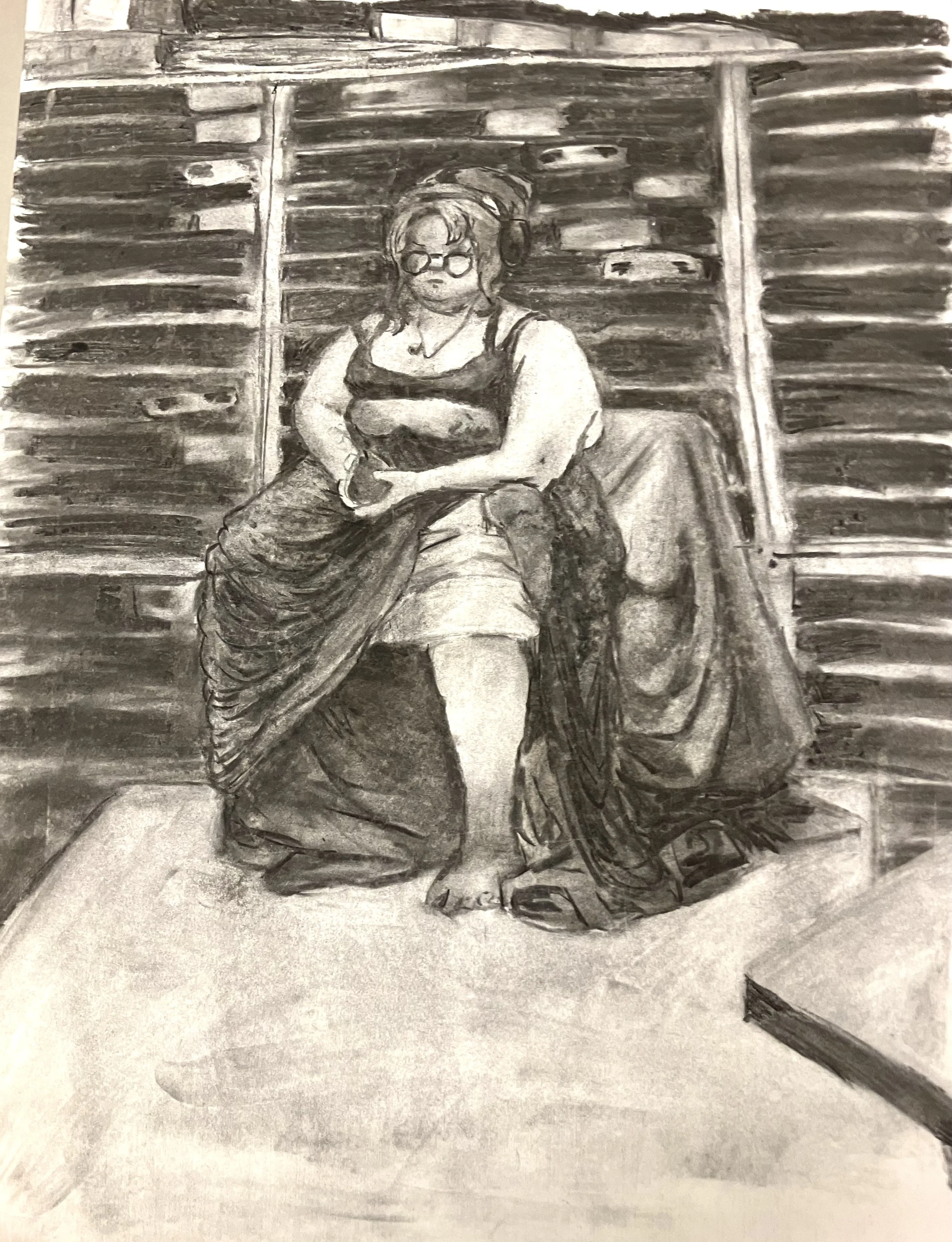 2025, charcoal and chamois cloth, live model