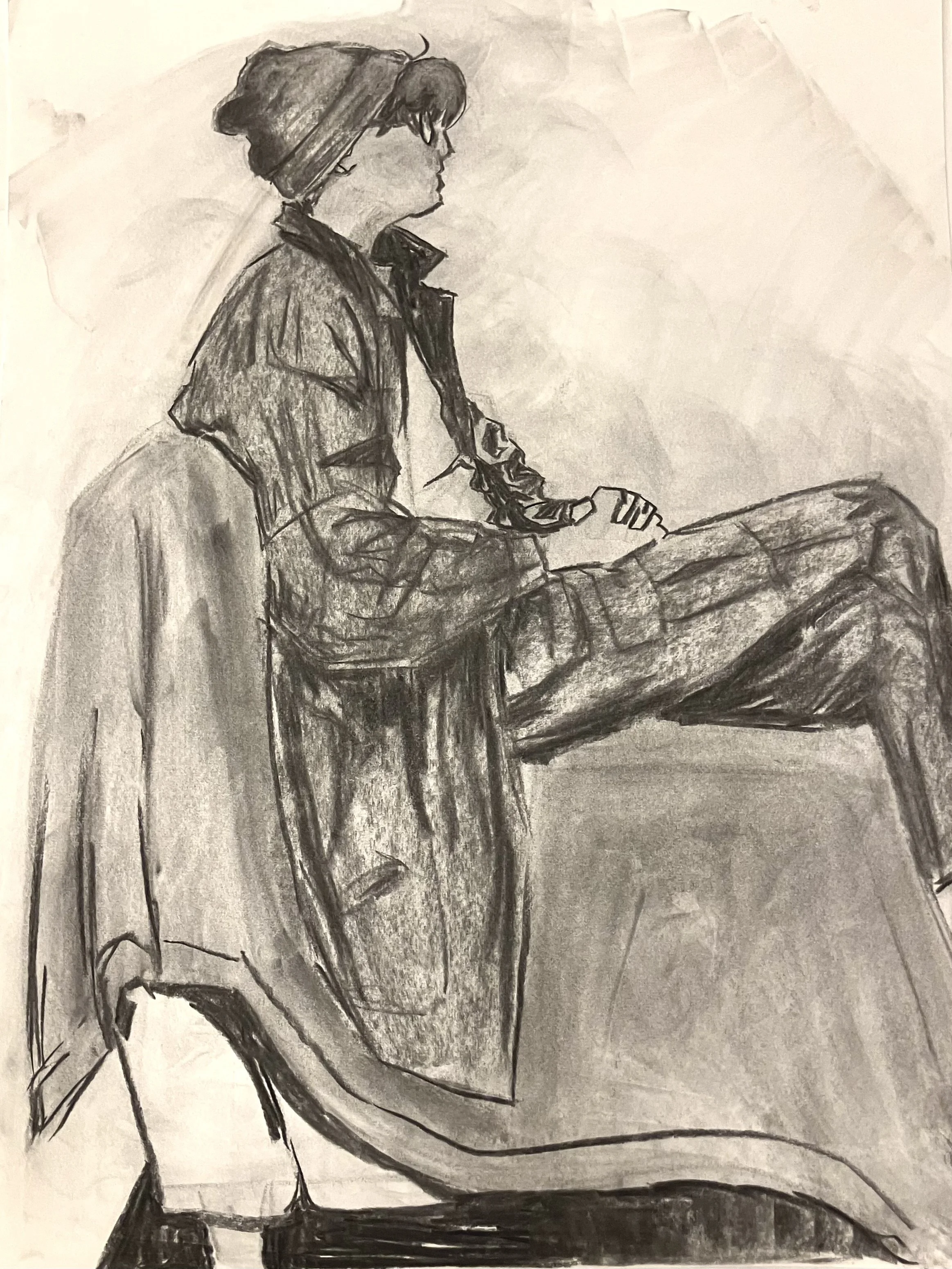 2025, charcoal and chamois cloth, live model