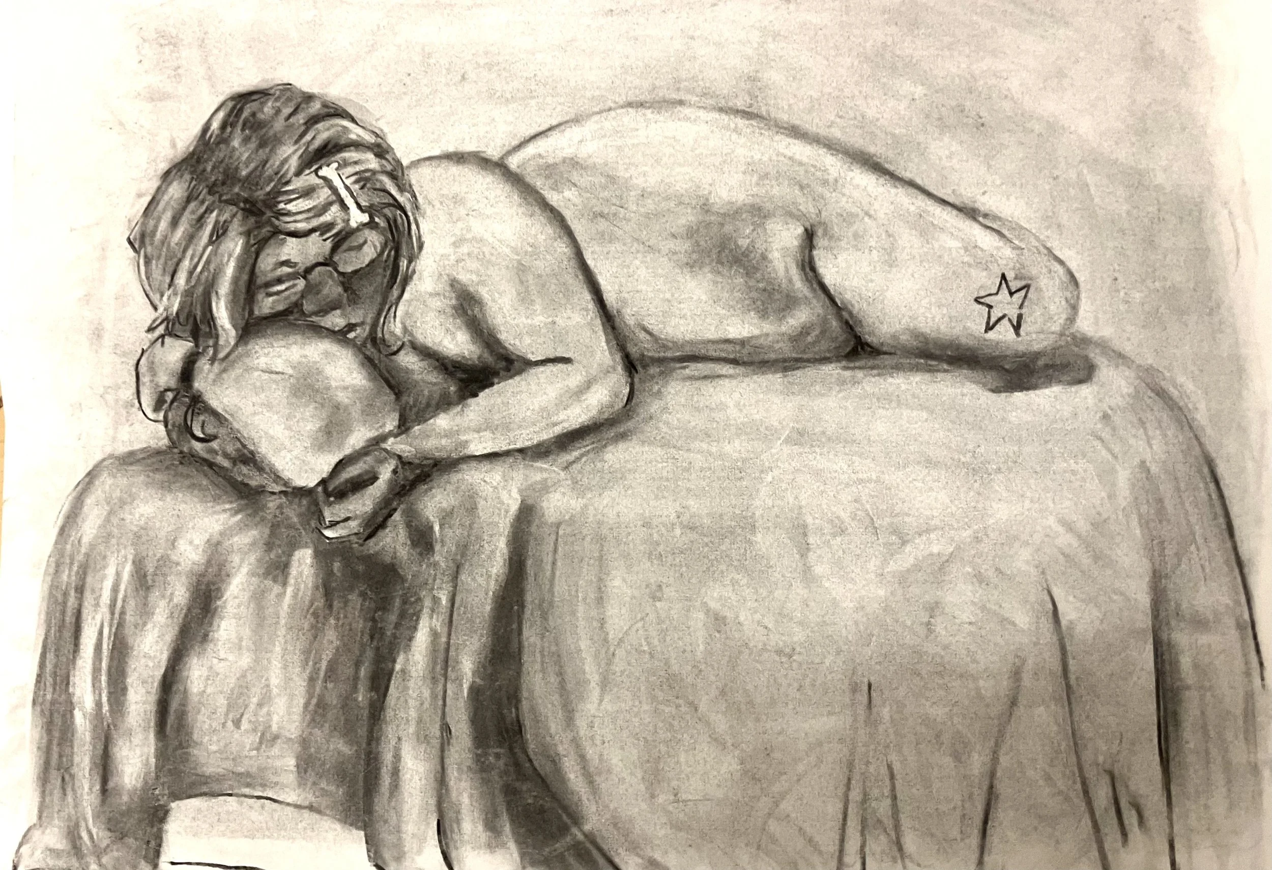 2025, charcoal and chamois cloth, live model