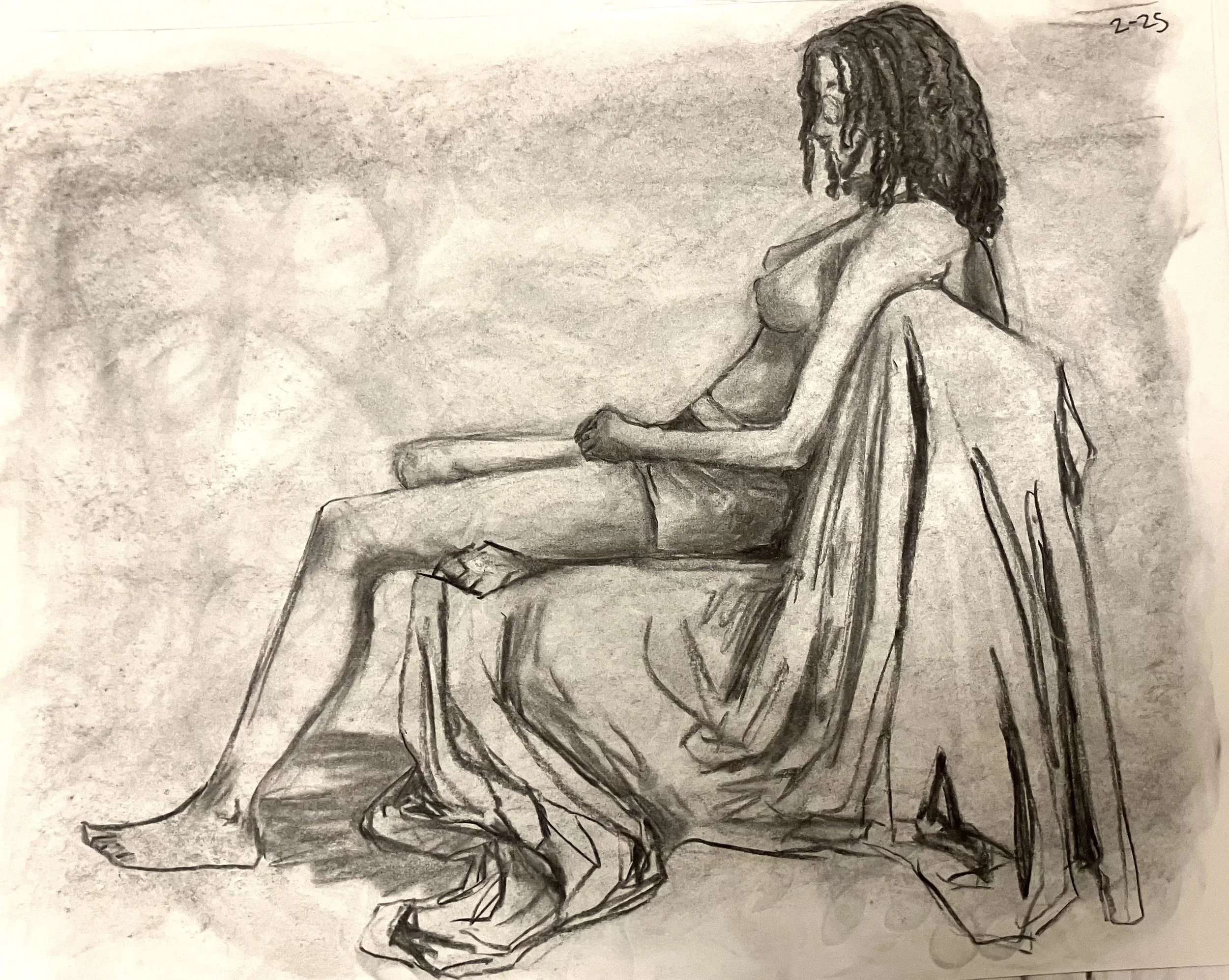 2025, charcoal and chamois cloth, live model