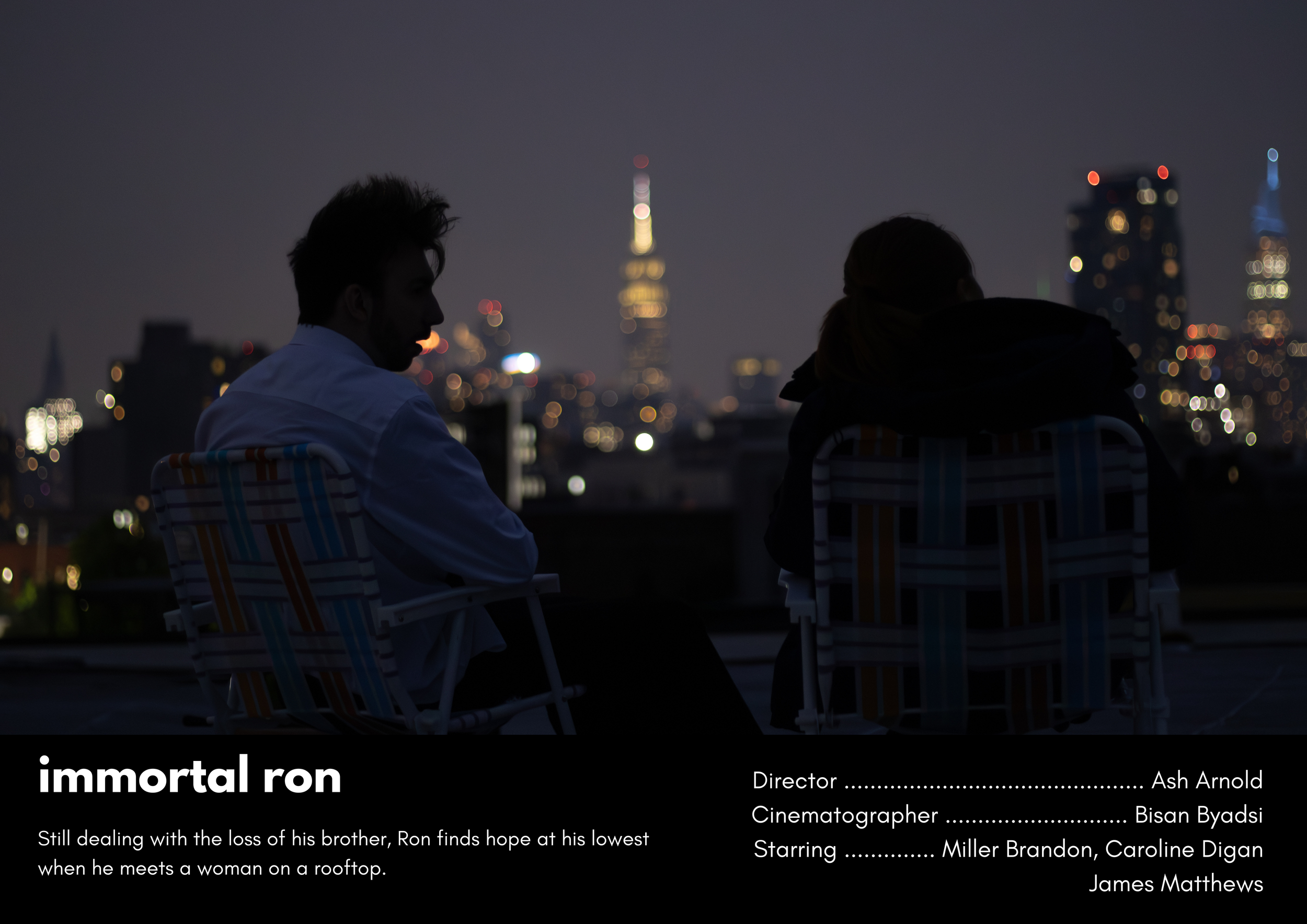 Silhouettes of a man and woman sitting on a rooftop at night with a city skyline in the background, including a tall illuminated building.
