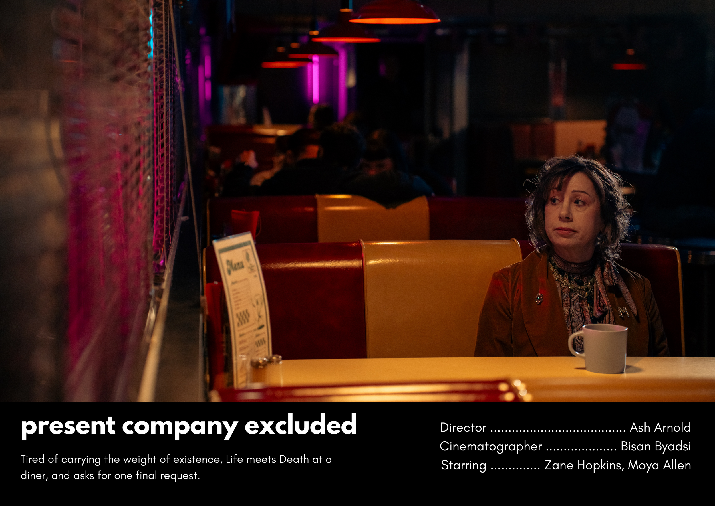 A woman with curly hair sitting alone at a booth in a dimly lit diner or restaurant with a cup of coffee in front of her, other patrons in the background, pink and purple lighting, and a menu on the table.