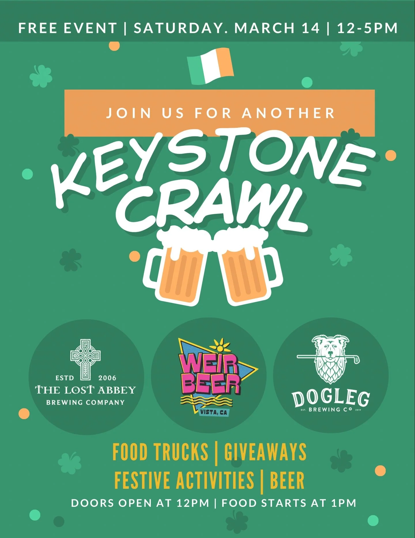 Keystone Crawl is Back 🍀

Join us for a pre- St Patrick&rsquo;s Day celebration on March 14th from 12-5pm with @doglegbrewingco @lostabbeyvista and Weir Beer! Stop by all 3 breweries and purchase (1) pint or (2) tasters to receive a beer Koozie! (Fi