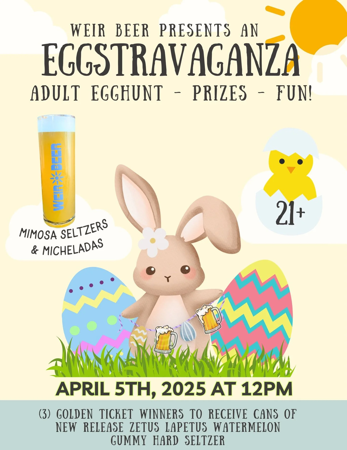 Join us Sunday April 5th for our 2nd Annual adult Easter egg hunt 🐣🥚🌸
 
Let&rsquo;s keep it a little silly with a time old classic egg hunt on the patio. Prizes include candy, merch, to-go cans, and drink tickets! 🍻 

We&rsquo;ll also be showing 