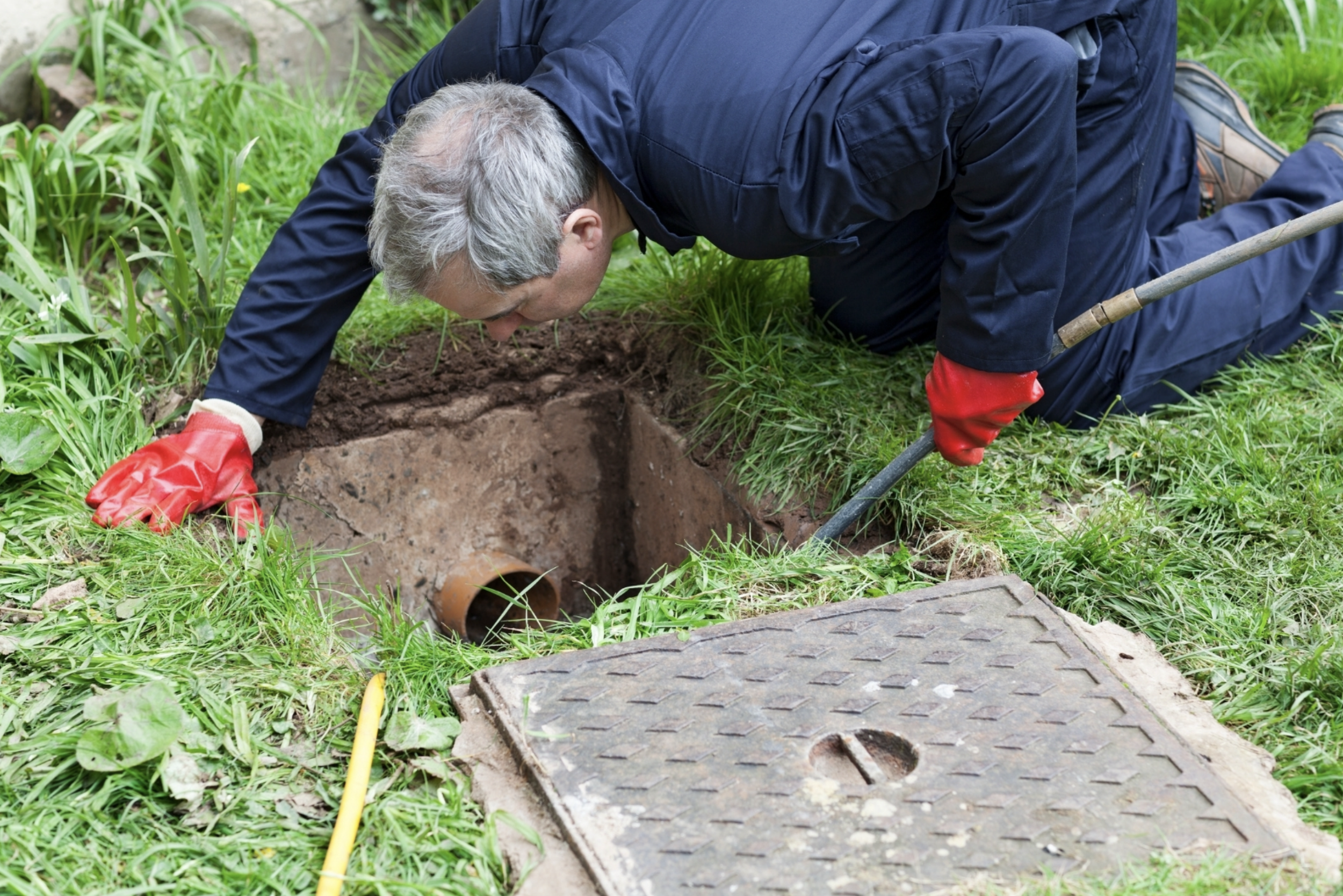 A man in gloves is inspecting a sewer or drainage pipe in a grass-covered area, with a manhole cover nearby.