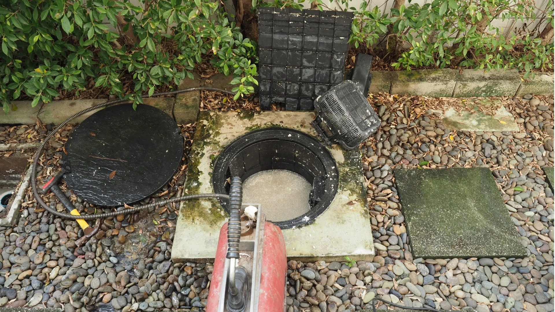 Open septic tank with a lid nearby, surrounded by outdoor rocks, plants, and gardening tools.