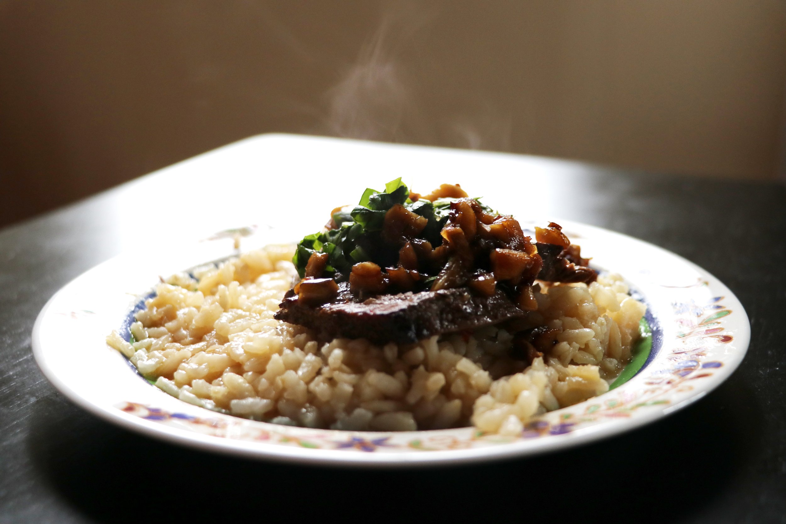 Kentucky Spring “Surf” and Turf: Local Beef, oyster mushrooms, and black garlic risotto