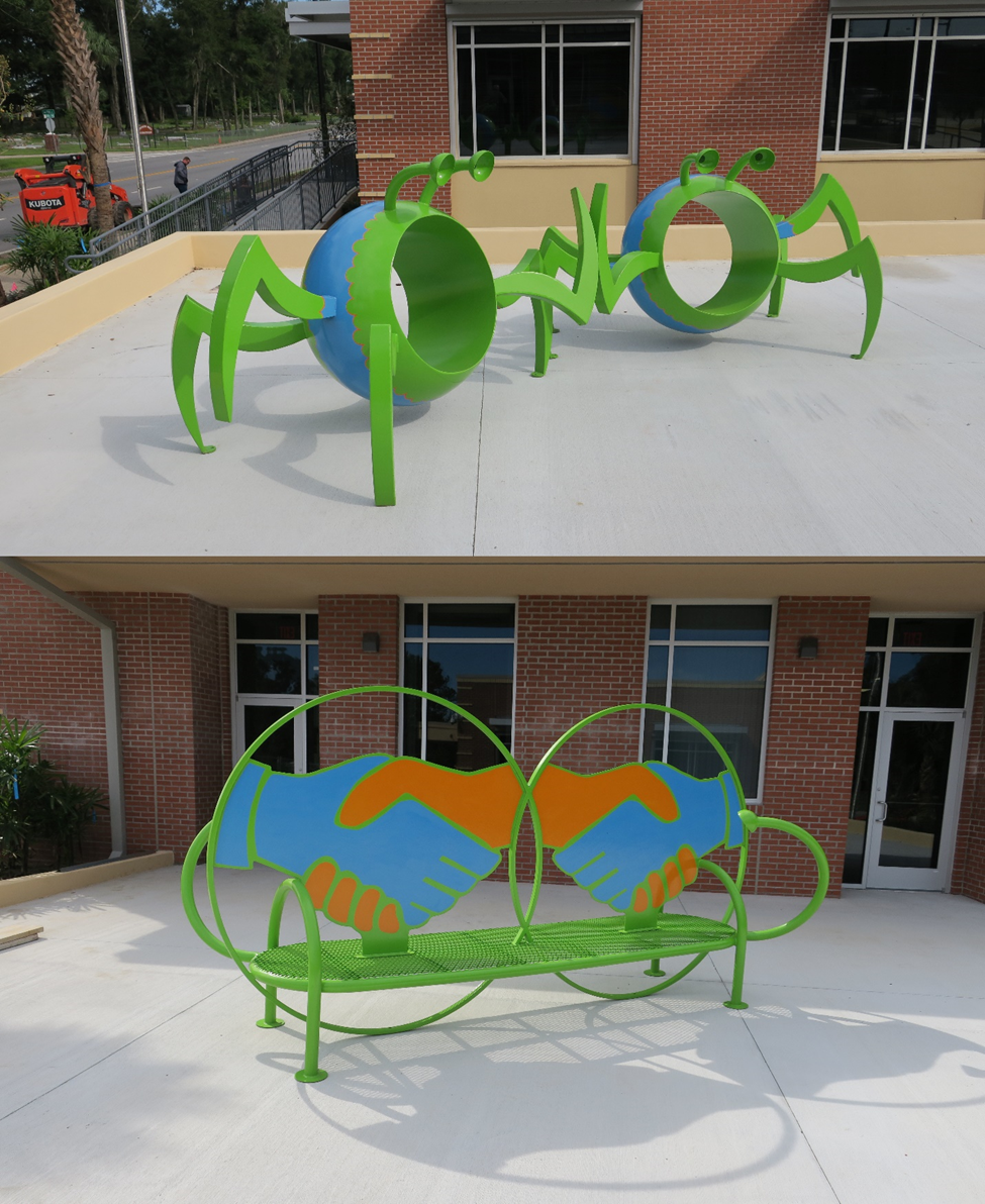 03 Friendly Critters and the Friendship Bench
Painted Steel		HWD 4x7x5 ft for each Critter & 7x14x5 ft for the bench		2019
I was commissioned by the City of Ocala, Florida to produce a set of three (only two photographed here) Friendly Critters (mean