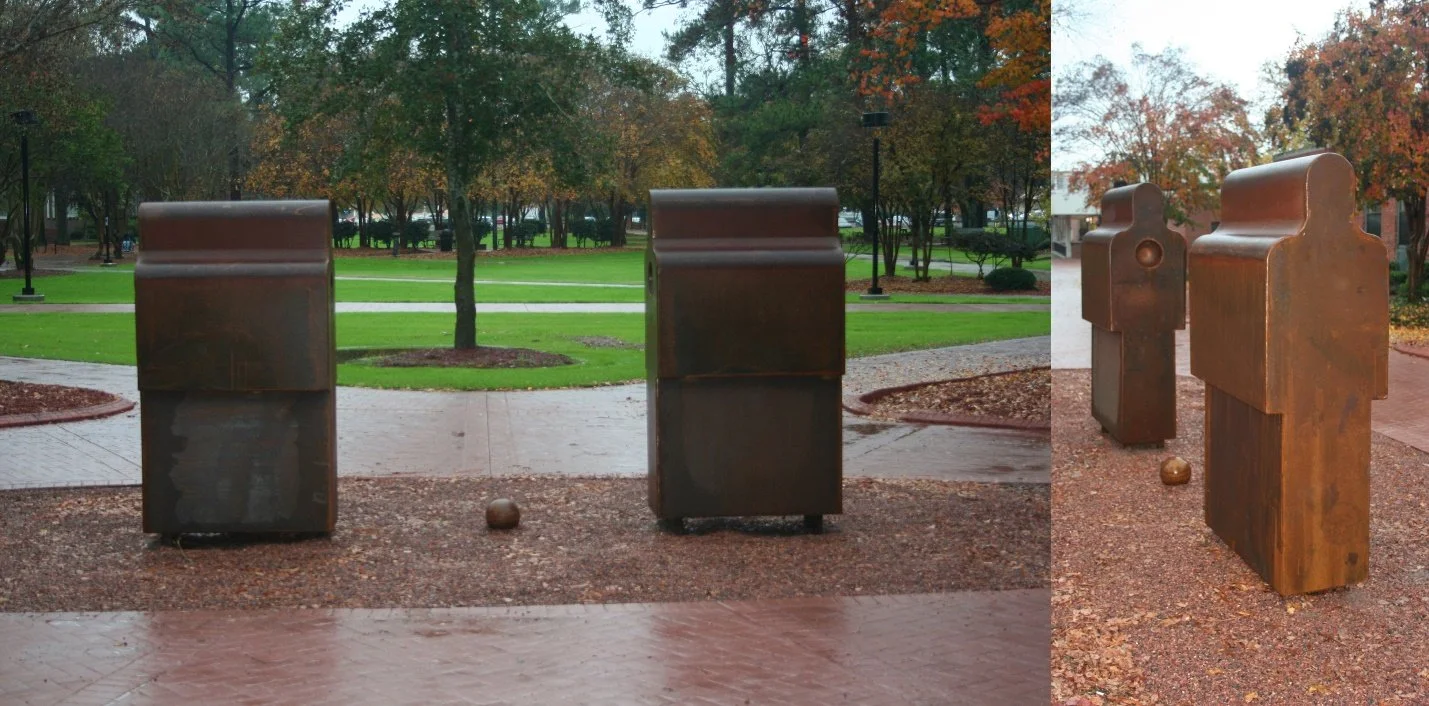 12 Missing You	HWD 6.5x4x2 ft each		Fabricated Steel
These fabricated steel sculptures are meant to give the appearance of two extruded steel figures with matching hemispherical indentions that give space for the central sphere to connect between the