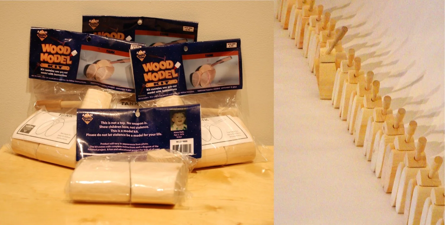 18 Toy Tanks	HWD 6x3x5 in	 each 		Wood and Mixed Media	2013
This is part of a larger body of work in which I revisited my earlier Toy Tank series, but in wood instead of steel. This gave me an opportunity to create different narratives through differ