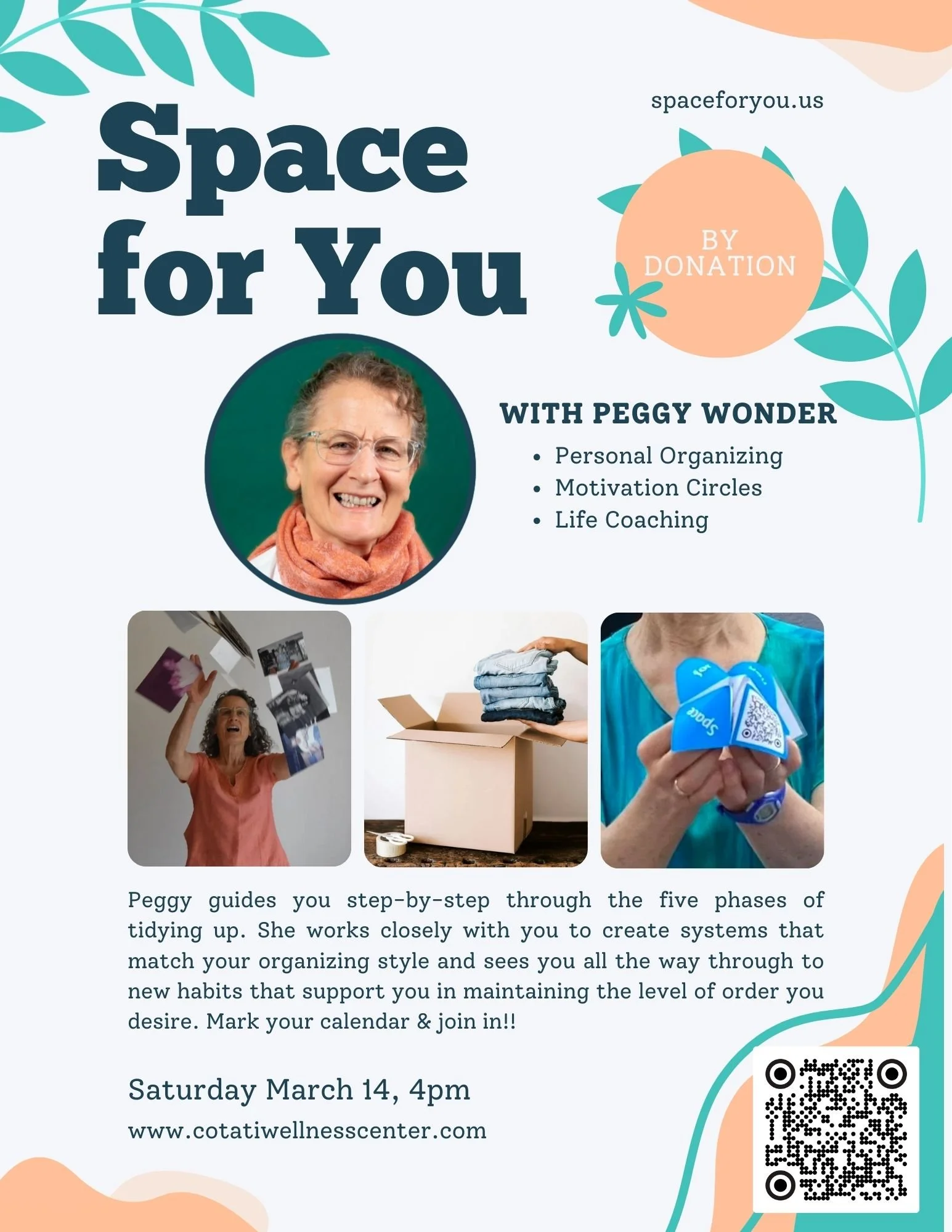 Invitation to Space For You workshop, March 14, 4pm at Cotati Wellness Center, Cotati, CA