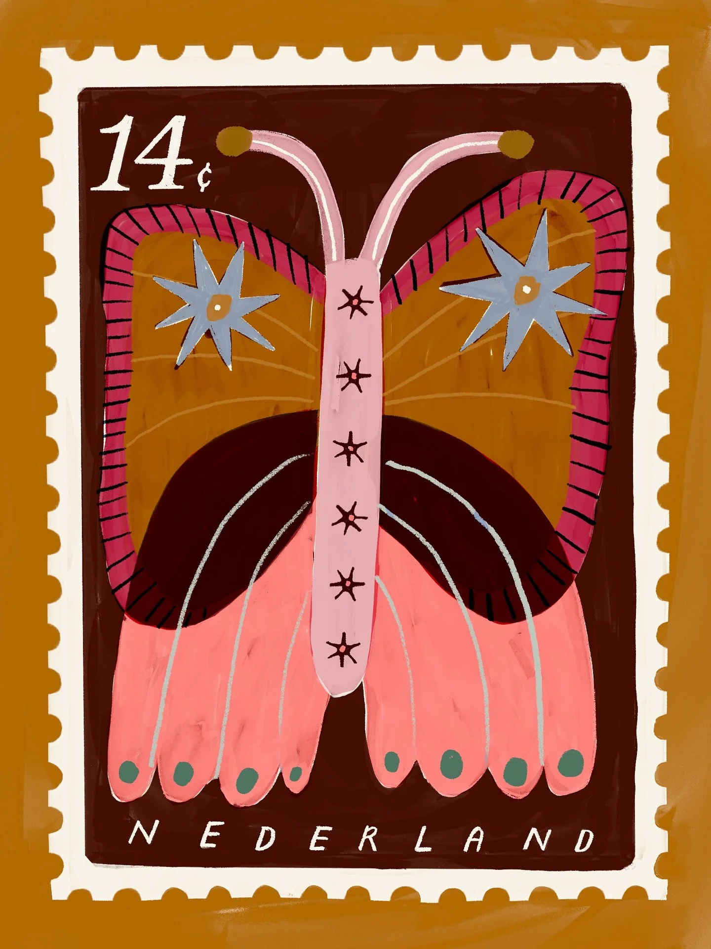 ✷ DAY 10: Critter ✷ When I was in Paris last year, I bought some very pretty vintage stamps with all kinds of critters on them. I decided to recreate one of them for today&rsquo;s prompt! 🦋  #peachtober2025 #peachtobercritter #peachtober25 #peachtob