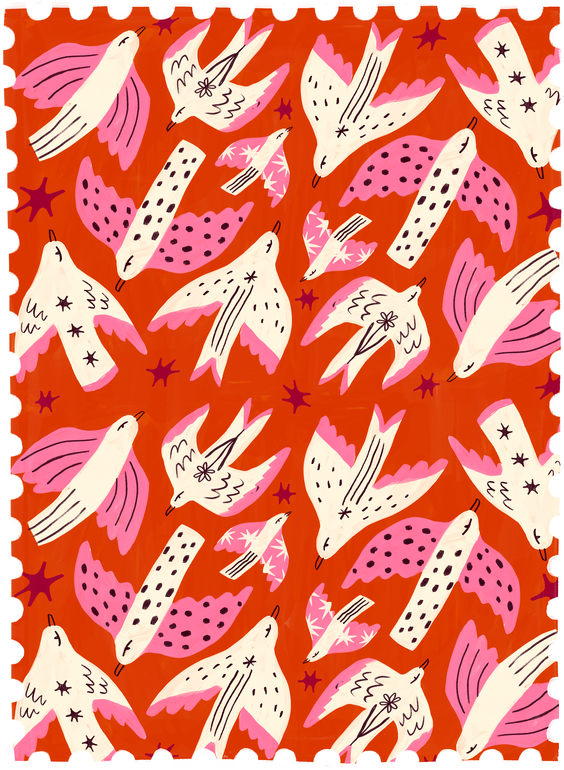 Pattern of flying birds on a red background, with pink and white wings and black details, interspersed with star-like shapes.