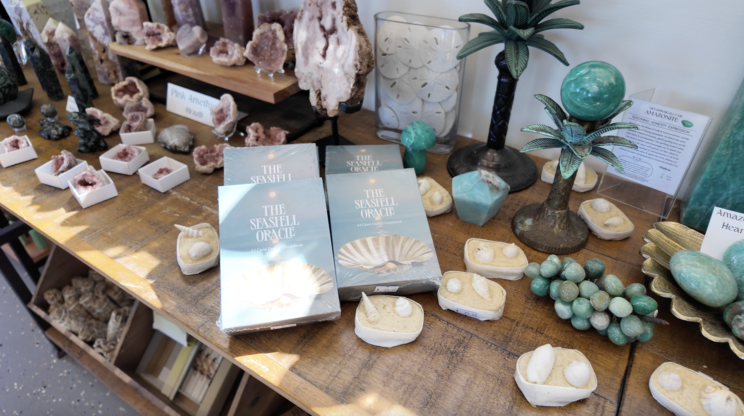 Display of mineral and gemstone items, including pink amethyst rocks, turquoise stones, decorative shells, and various books and informational signs on a wooden table.